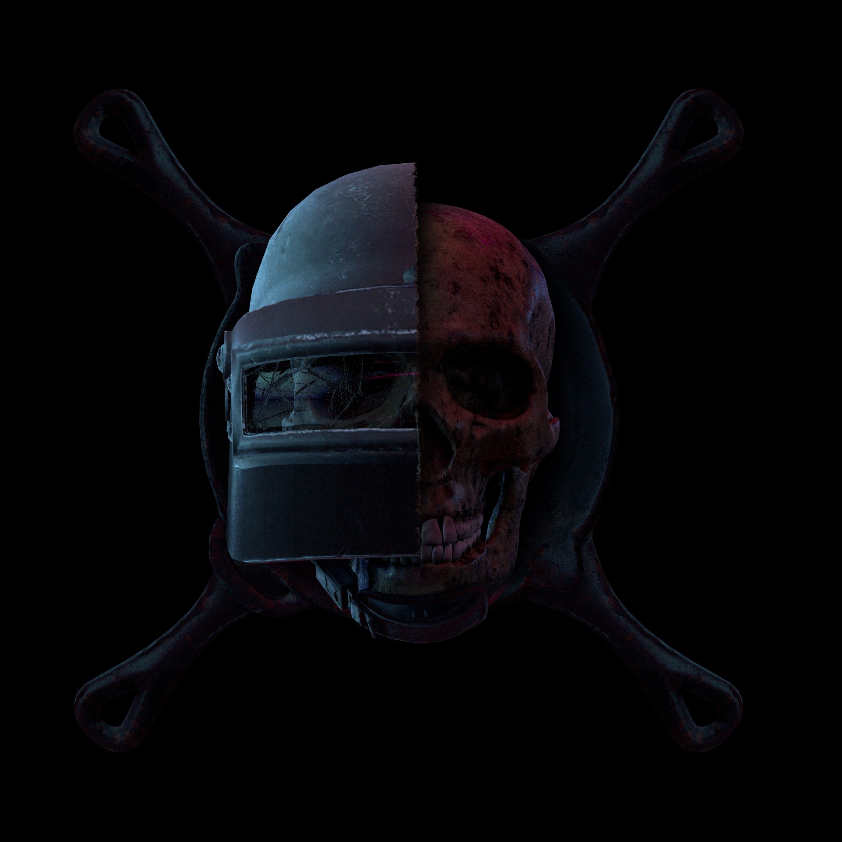 PUBG 4K Wallpaper, Helmet, Skull, Black Background, Black Dark