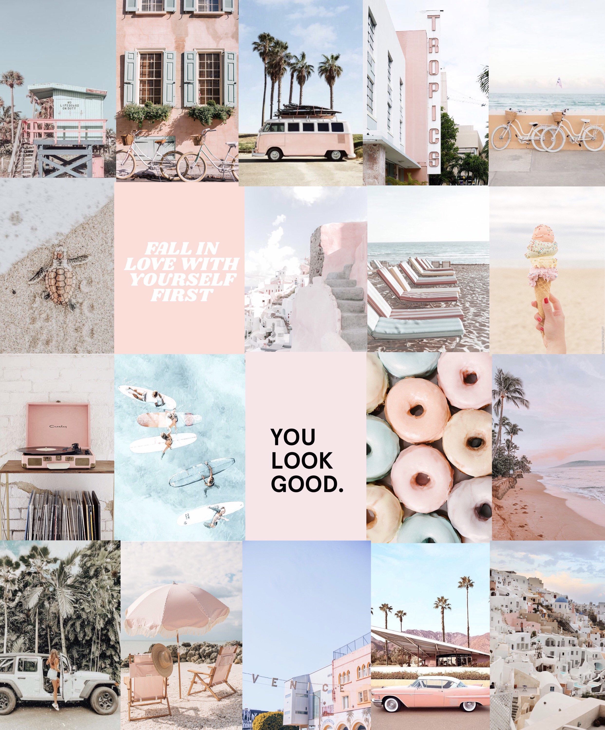 Pink Peach beach photo collage pack. Beach wall collage, iPhone wallpaper tumblr aesthetic, Soft pink photo