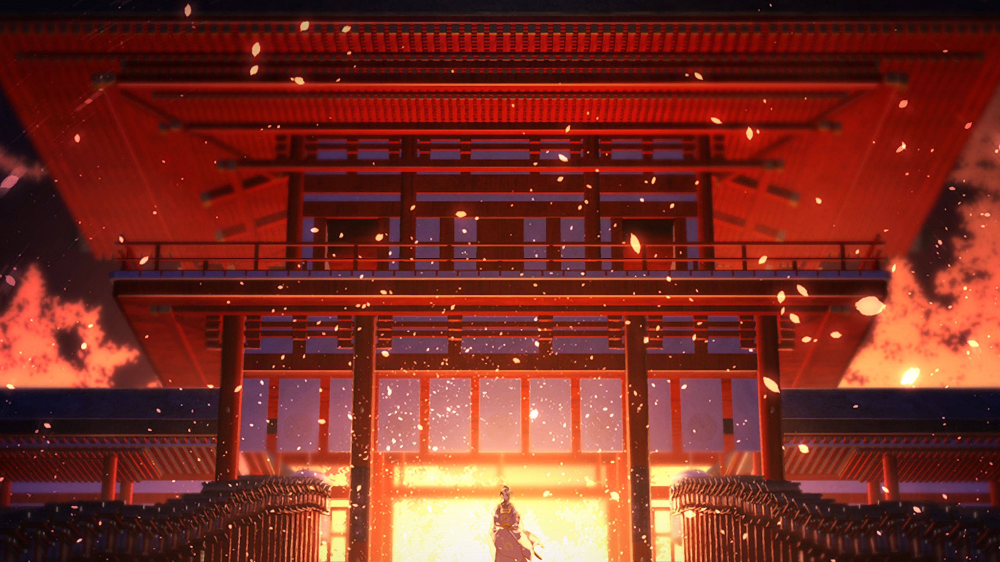 Anime Painting Temple Red Art Illustration Wallpaper