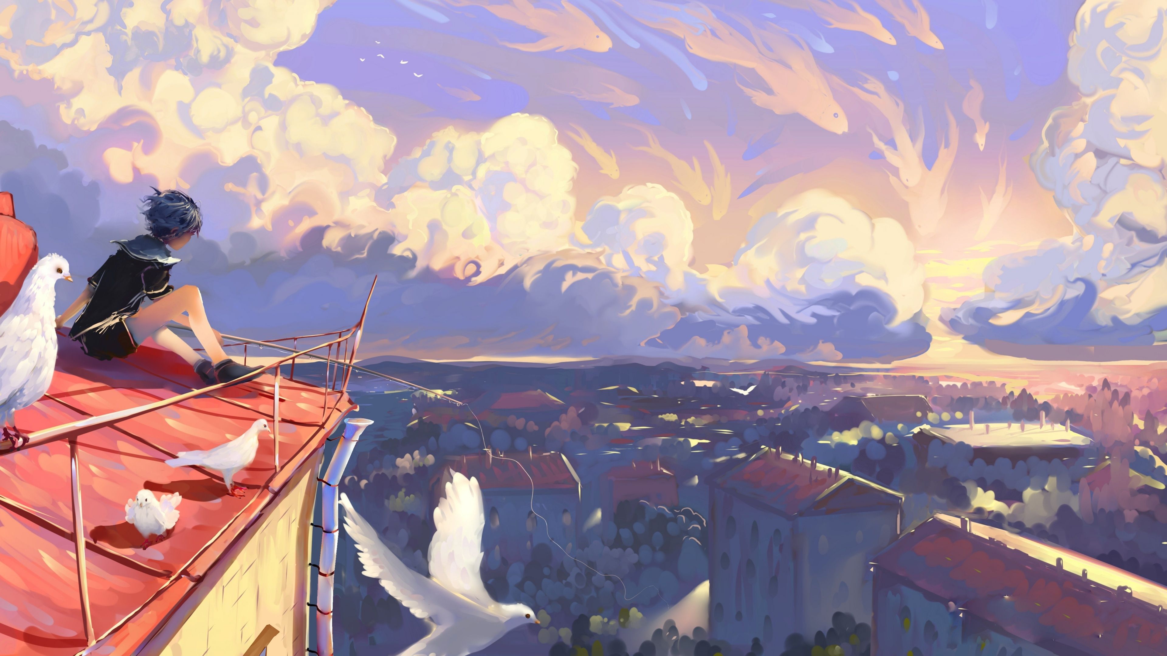 Wallpaper Sky, Cityscape, Buildings, Clouds, Painting, Birds, Anime Girl, Anime Scenery