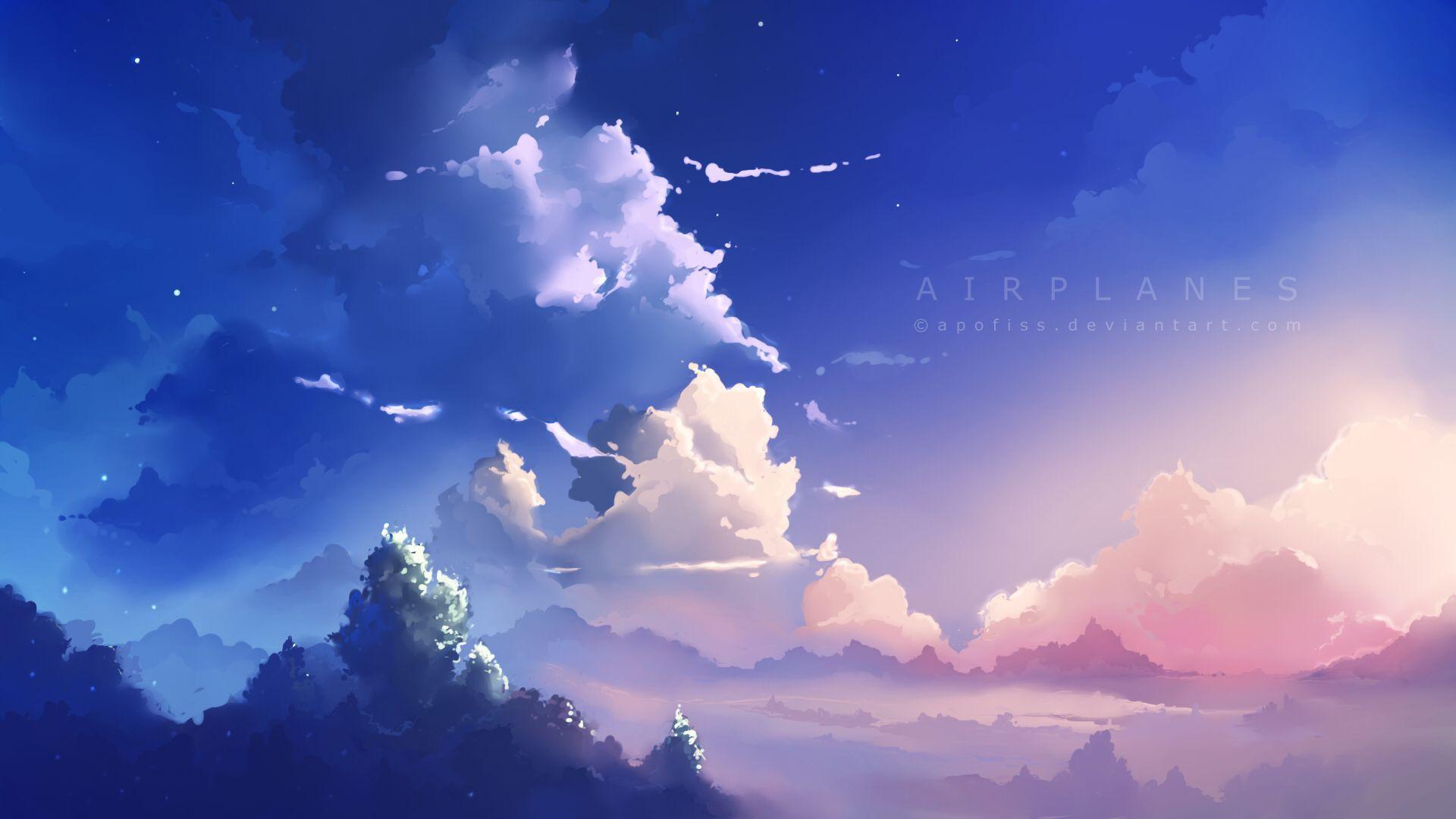 Peaceful and romantic landscape in anime or colored manga artstyle  depicting panoramic view on nature and weather Stock Illustration | Adobe  Stock