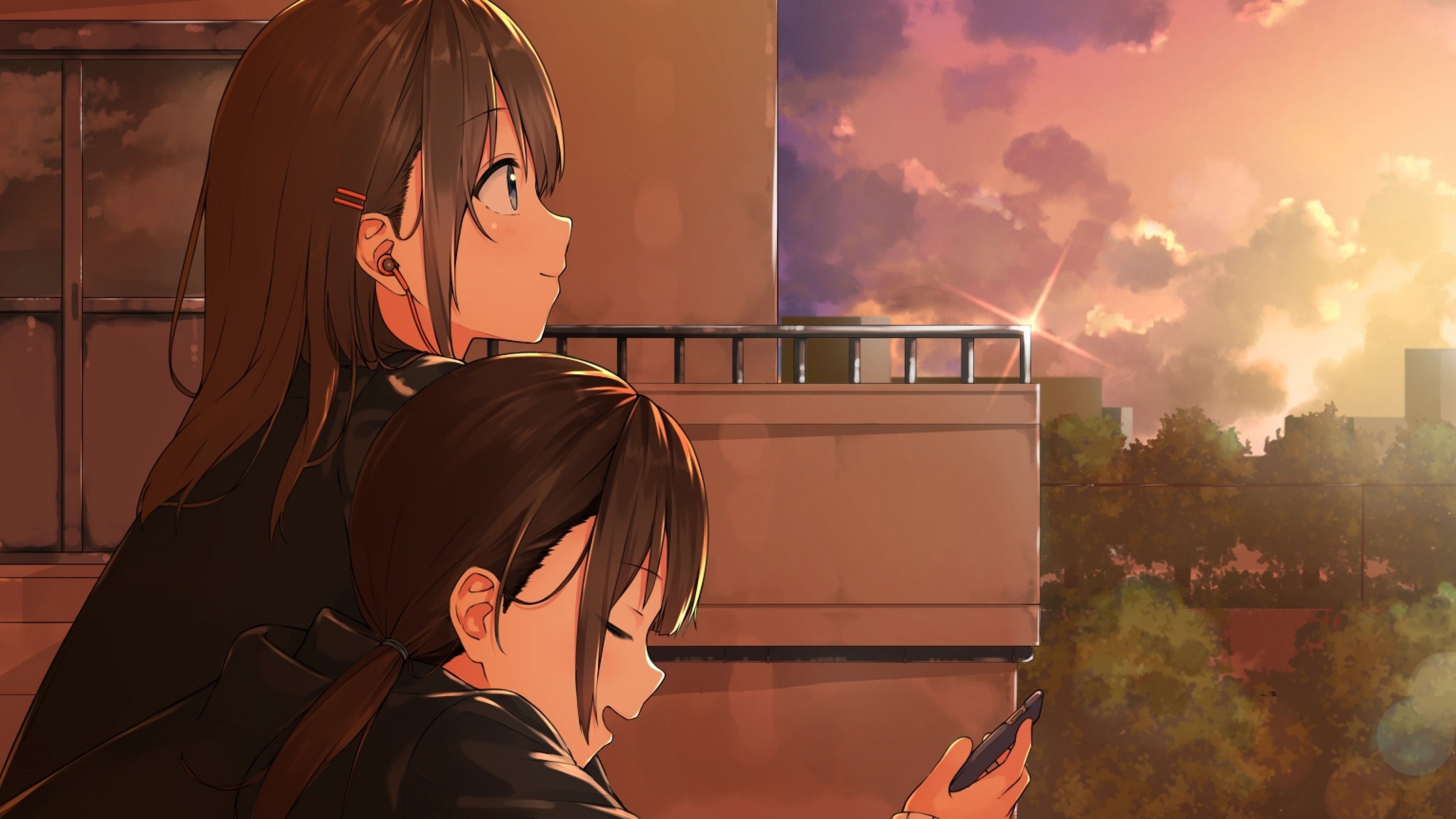 Download 3840x2160 Anime School Girls, Sunset, Building, Relaxing, Ponytail Wallpaper for UHD TV