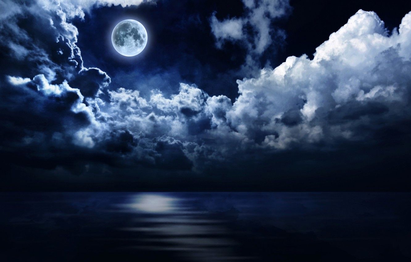 Wallpaper sea, the sky, clouds, night, the moon, horizon image for desktop, section пейзажи