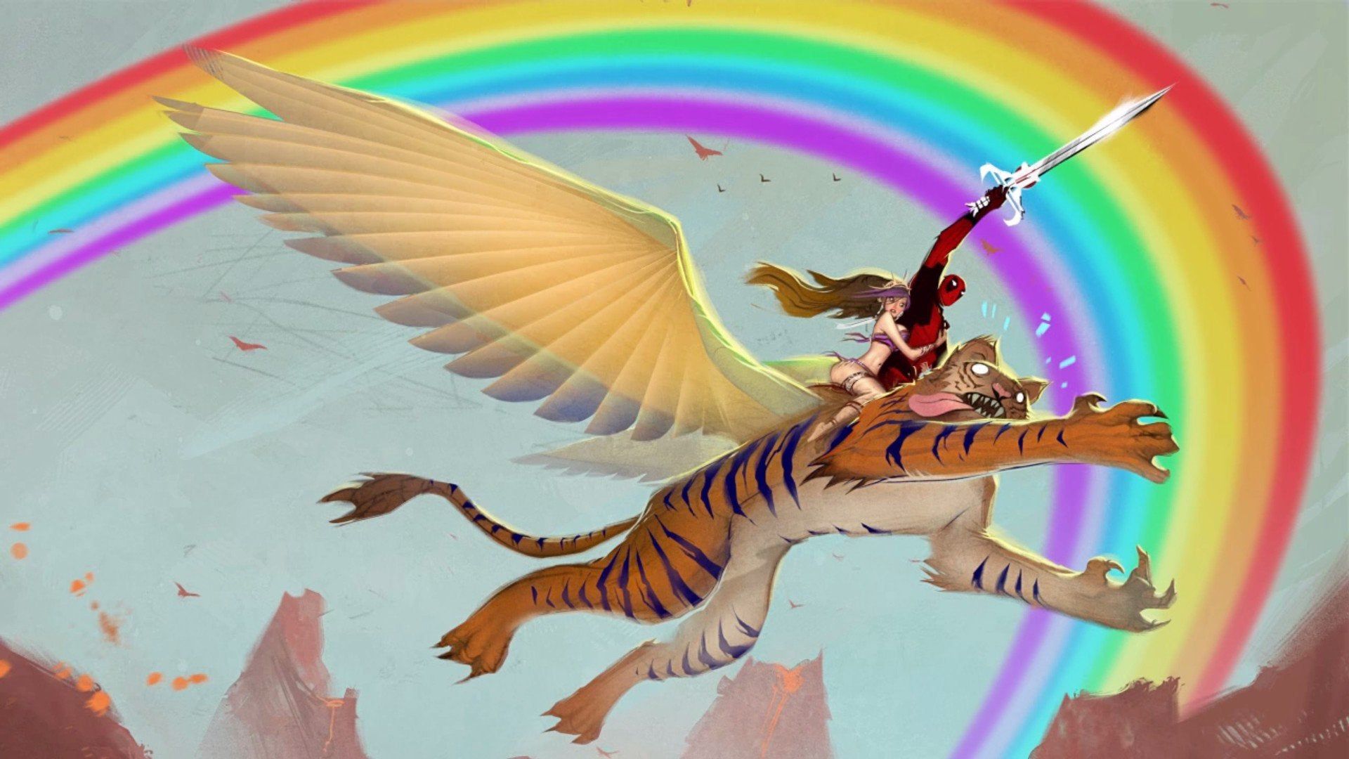 Deadpool riding a flying tiger. [1920x1080]