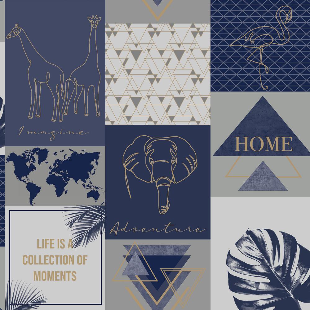 Walls Republic Metallic Collage Wallpaper Navy & Gold Paper Strippable Roll (Covers 57 sq. ft.)-R6490 Home Depot
