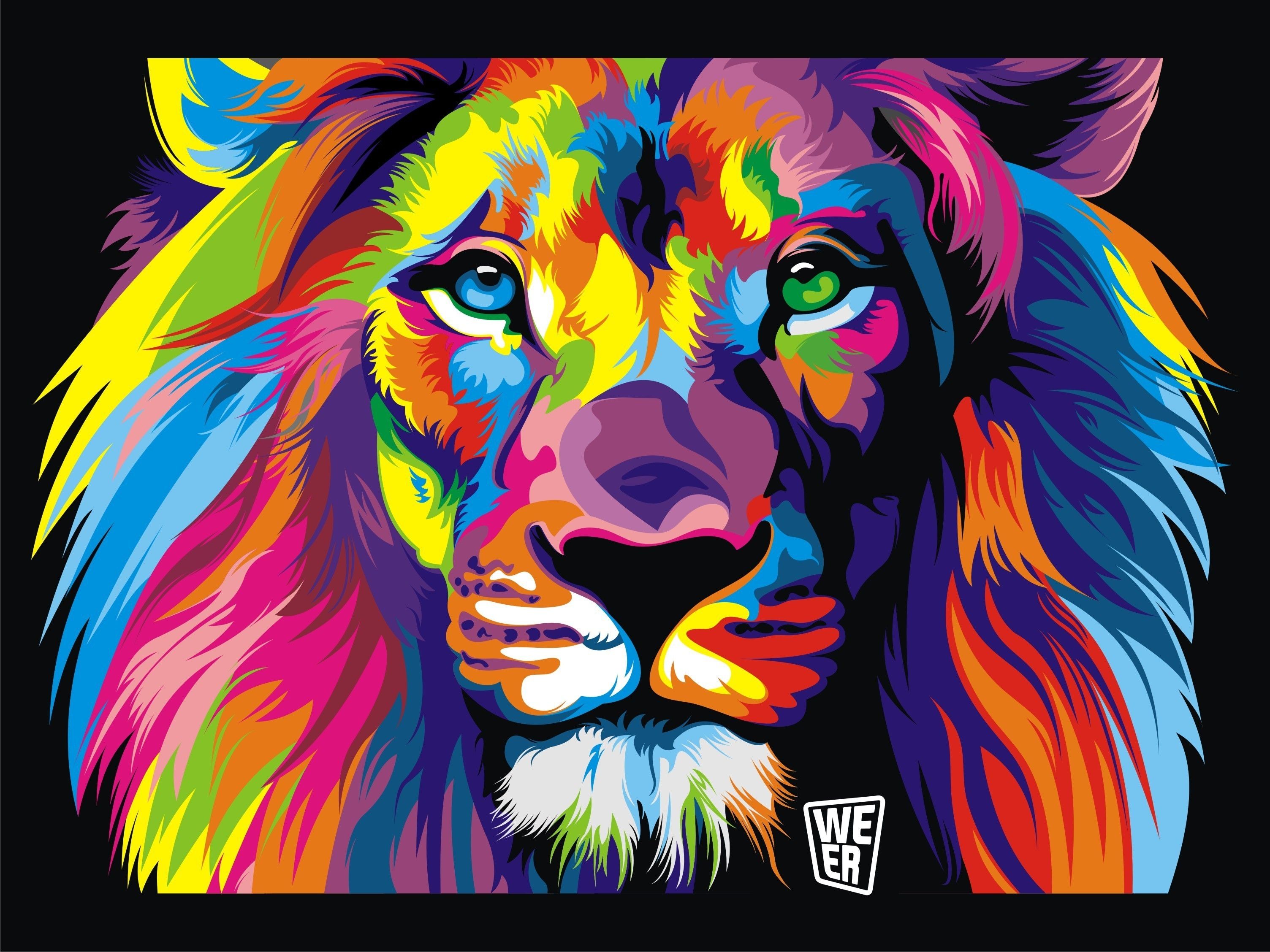 Wallpaper, colorful, illustration, digital art, animals, black background, artwork, tiger, lion, big cats, roar, ART, modern art, cat like mammal, psychedelic art 3008x2256