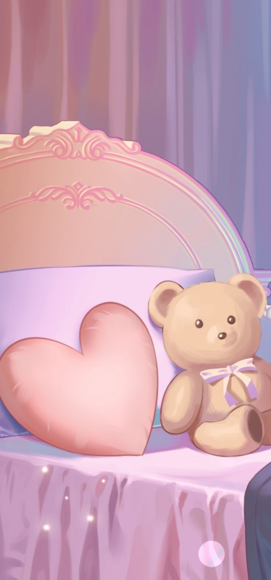 Download 1080x2310 Cute Anime Girl, Teddy Bear, Pillow, Curtain, Long Hair Wallpaper for Honor View 20