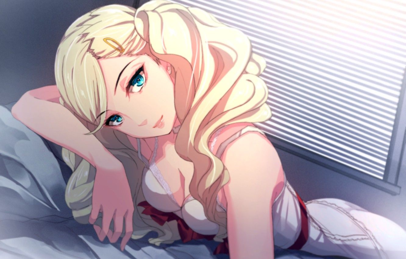 Wallpaper blonde, neckline, blue eyes, flirting, blinds, white linen, red bow, lying on the bed, Person Persona Ann Takamaki image for desktop, section сэйнэн