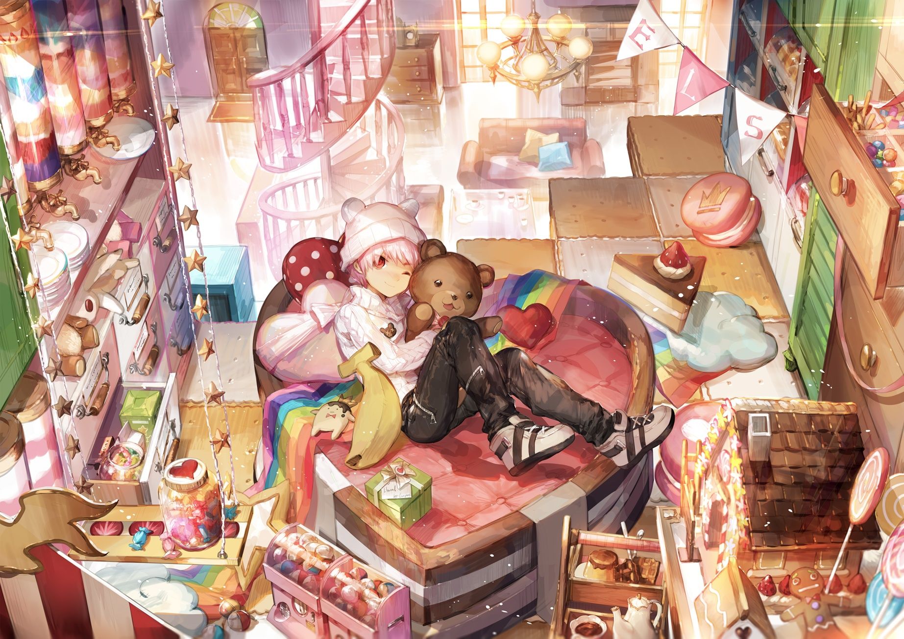 Wallpaper Lying Down, Elsword, Room, Cute, Anime Boy, Teddy Bear, Desserts