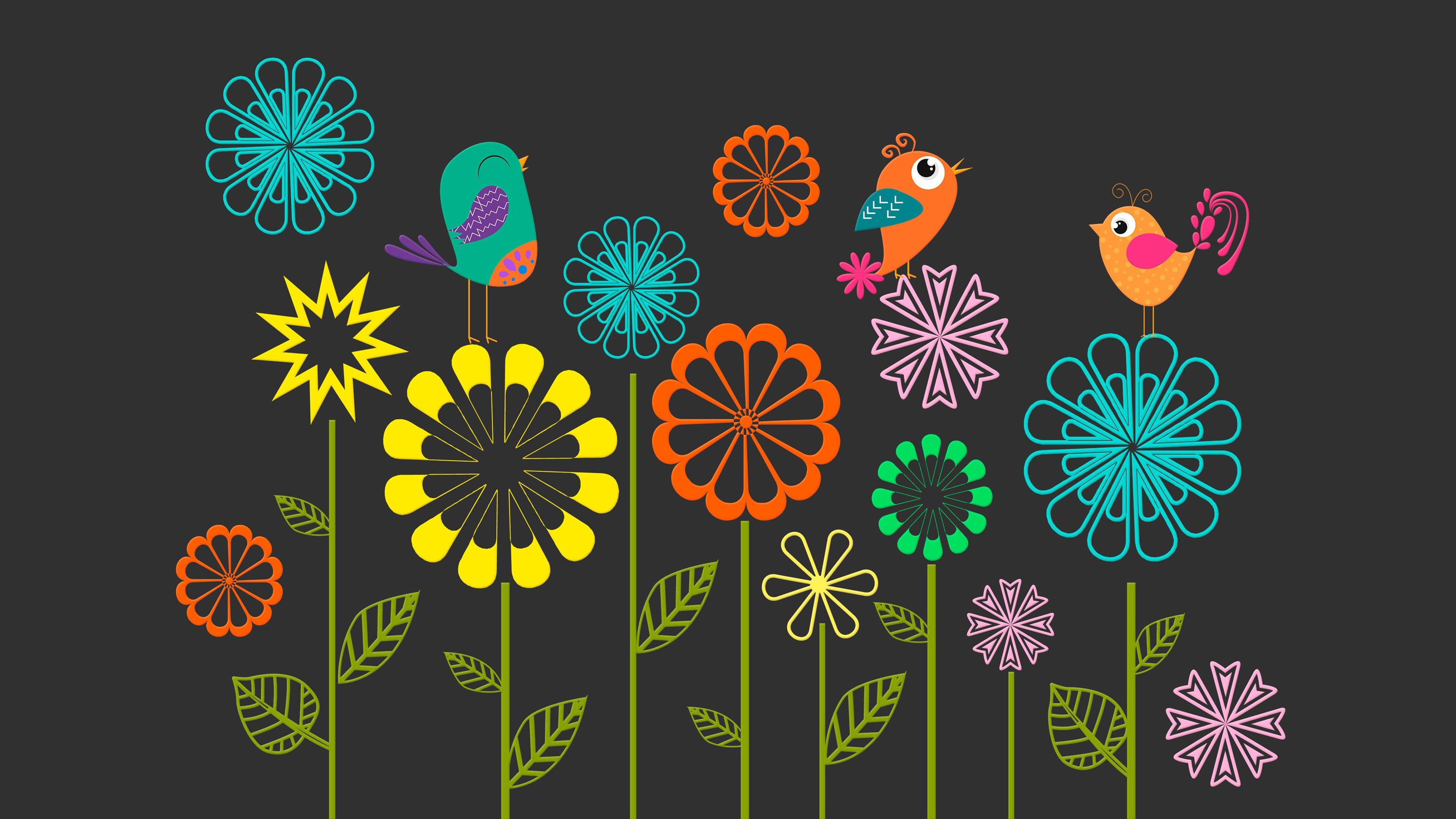 Colorful Vector Flowers Birds 3840x2160 Resolution HD Wallpaper 4k For Pc