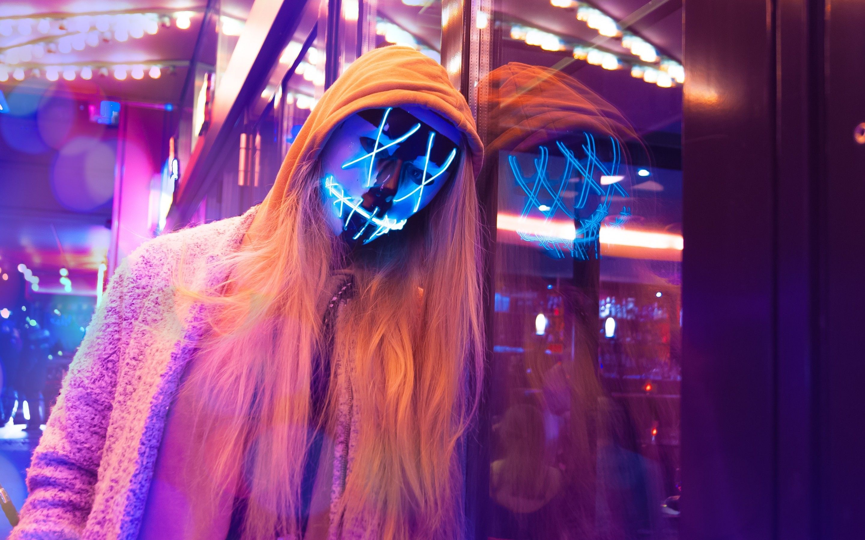 LED mask 4K Wallpaper, Neon, Pink, Anonymous, Woman, Aesthetic, Photography
