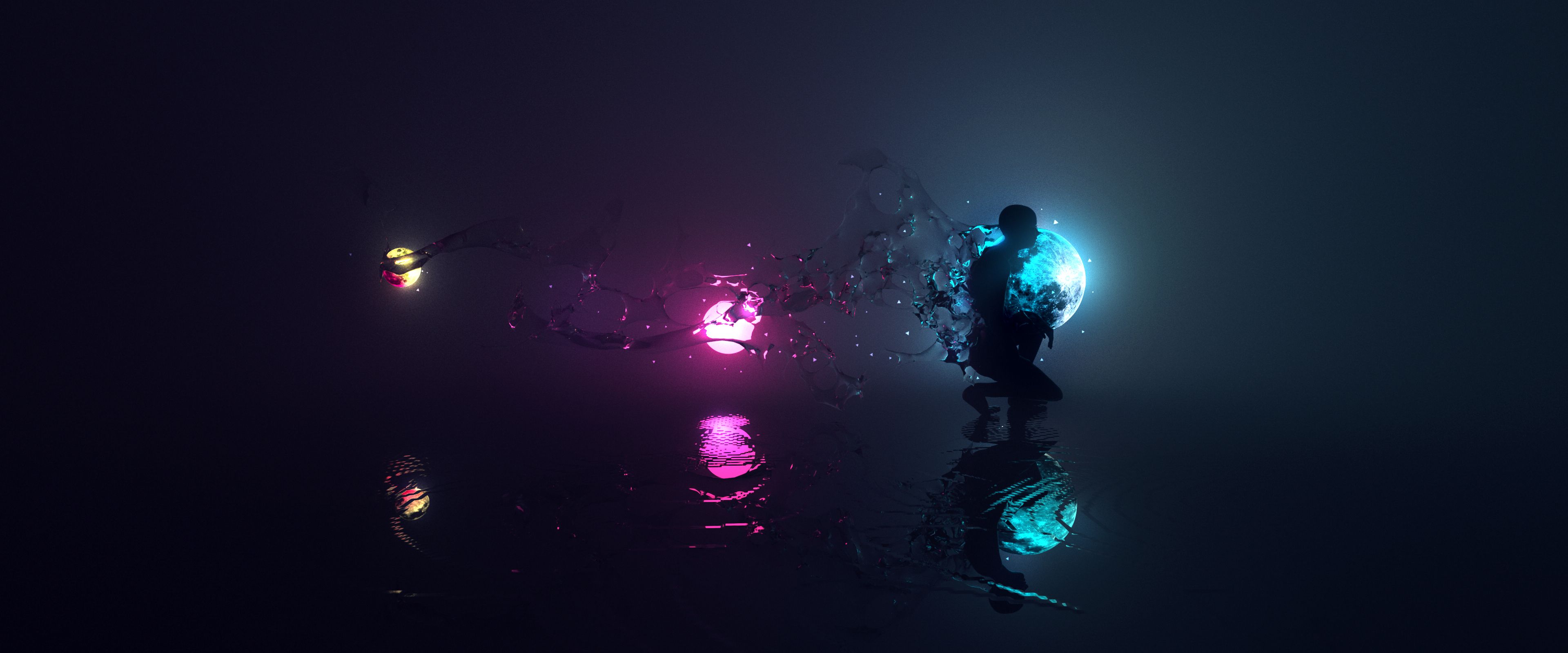 4K, Neon lights, Reflections, Silhouette, Water
