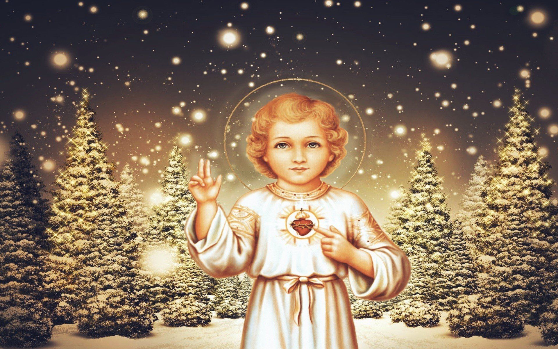 children, Jesus Christ, Christmas, Pine trees, Lights, Halo HD Wallpaper / Desktop and Mobile Image & Photo