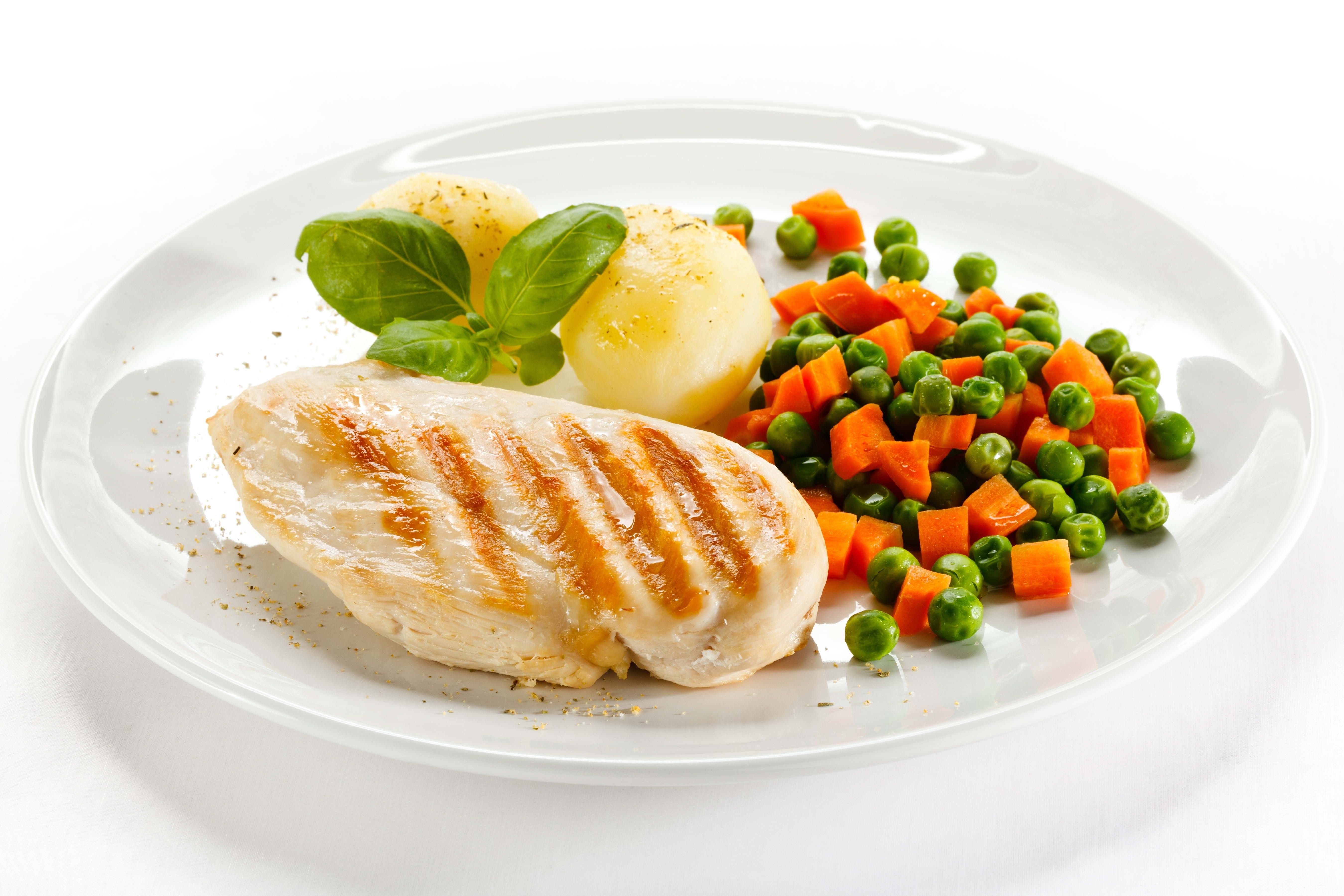 Chicken, Meat, Potatoes, Peas, plate, White background wallpaper