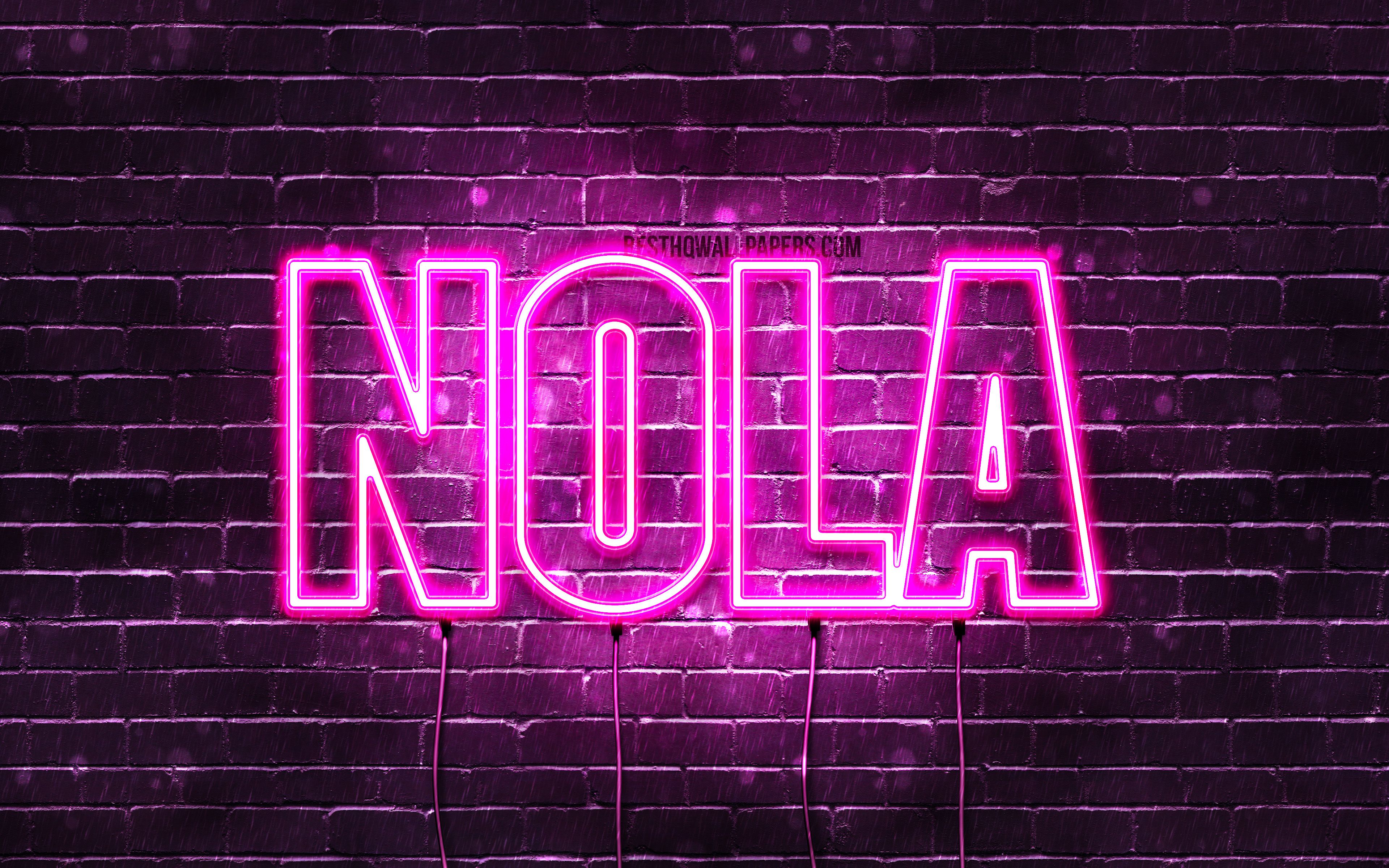 Download wallpaper Nola, 4k, wallpaper with names, female names, Nola name, purple neon lights, horizontal text, picture with Nola name for desktop with resolution 3840x2400. High Quality HD picture wallpaper