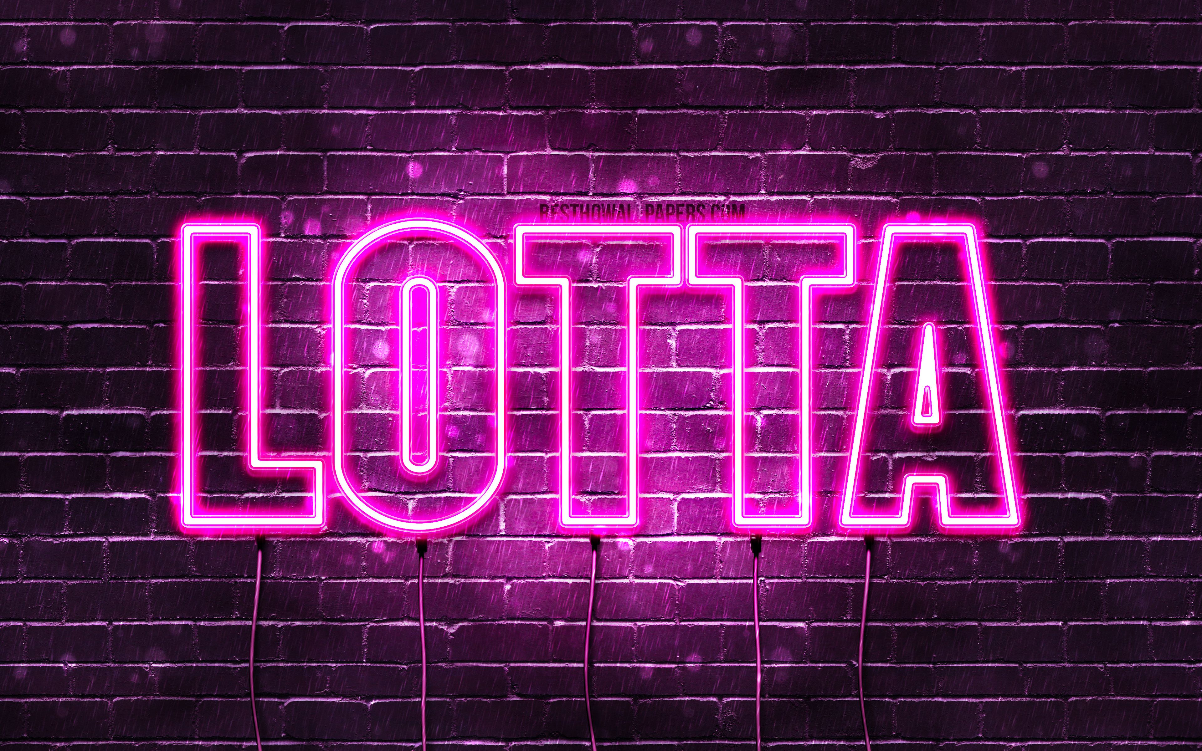 Download wallpaper Lotta, 4k, wallpaper with names, female names, Lotta name, purple neon lights, Happy Birthday Lotta, popular german female names, picture with Lotta name for desktop with resolution 3840x2400. High Quality