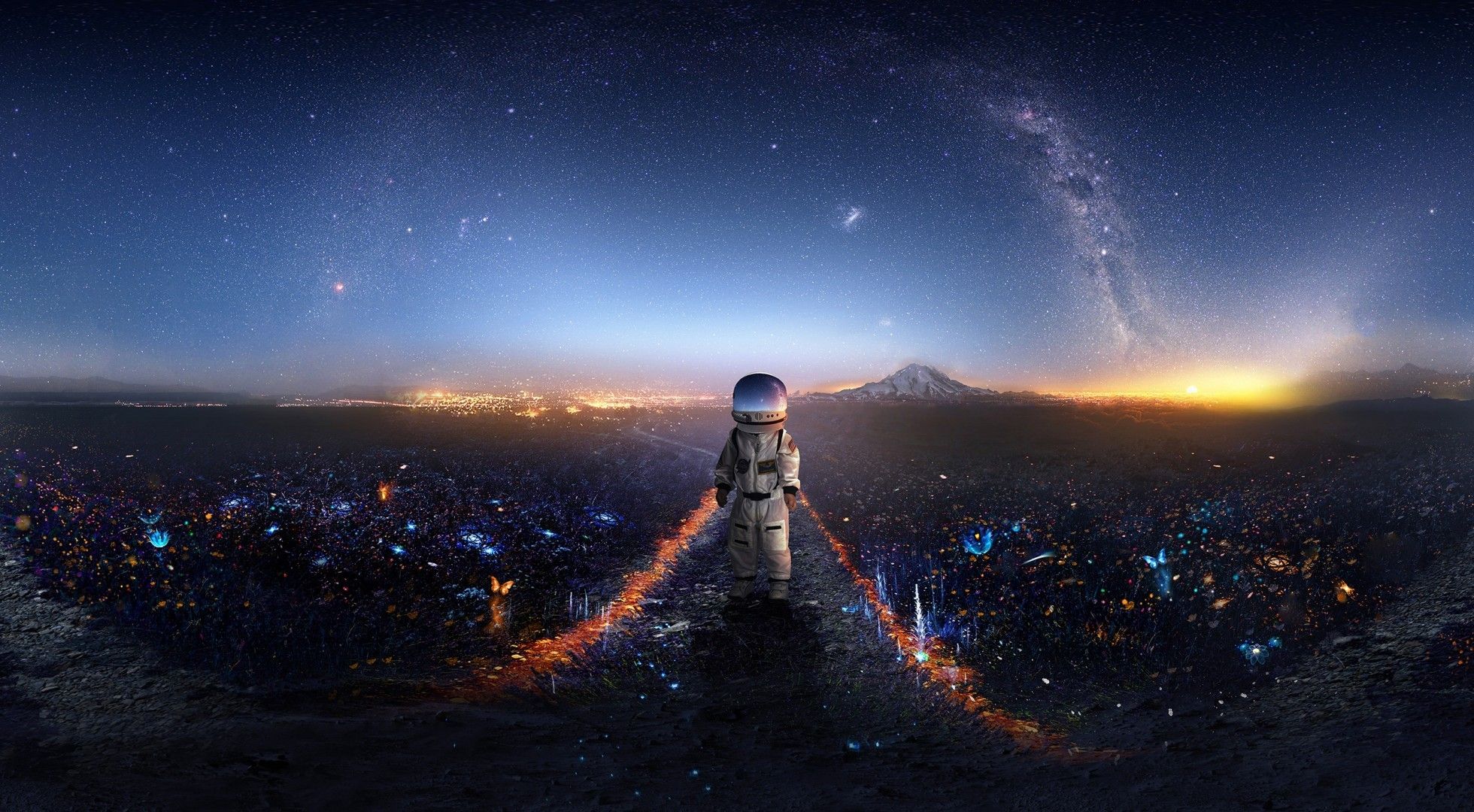 Download 1960x1080 Astronaut, Field, Stars, Digital Art, Path Wallpaper