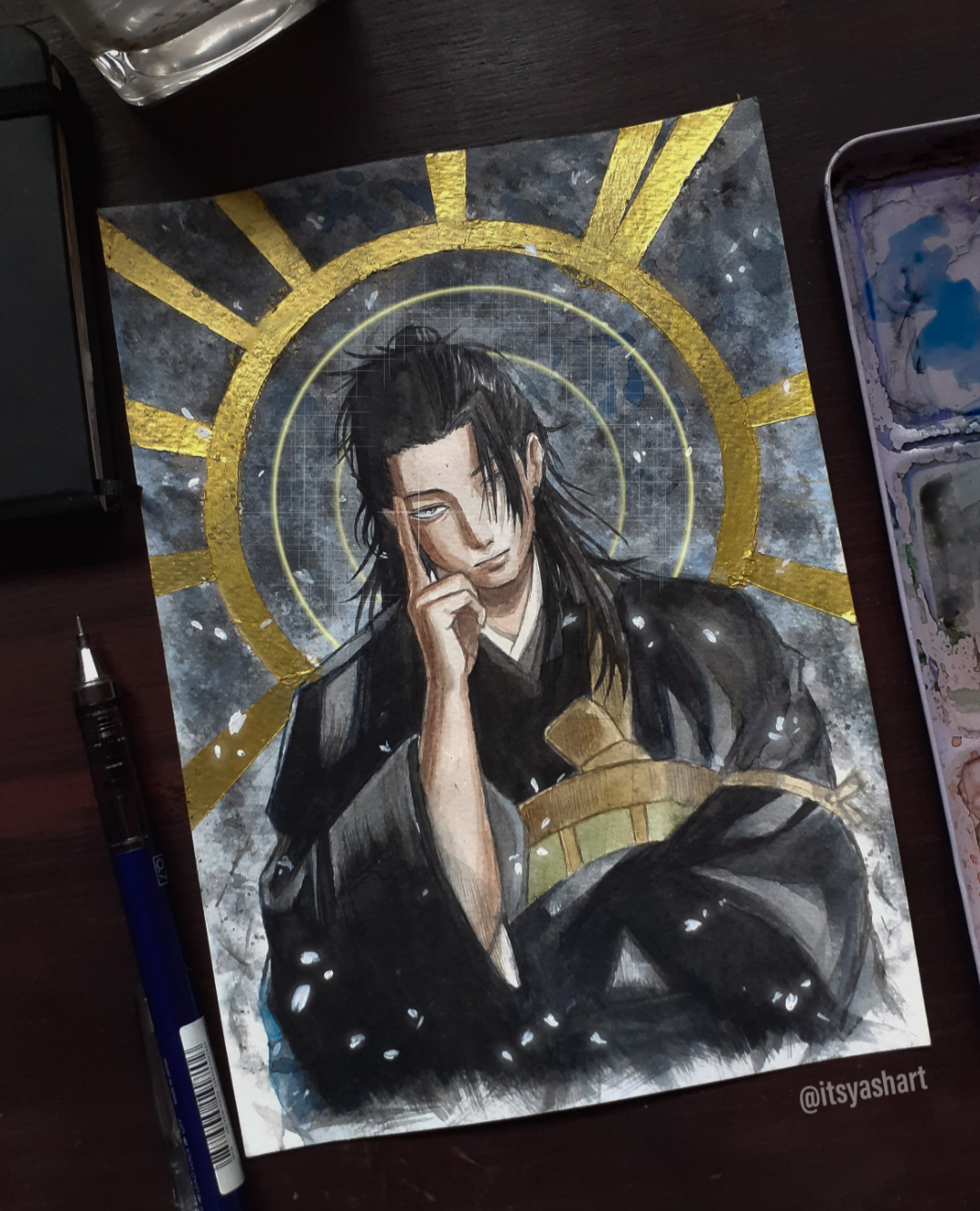 Suguru Geto, watercolor and acrylic painting