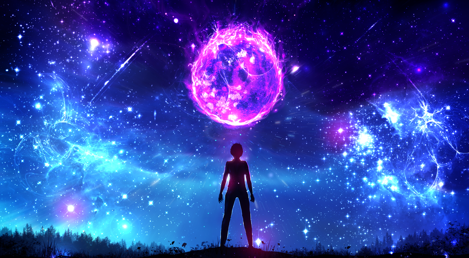 Download 1960x1080 Magic, Stars, Guy, Standing, Night, Light, Trees, Worm View Wallpaper
