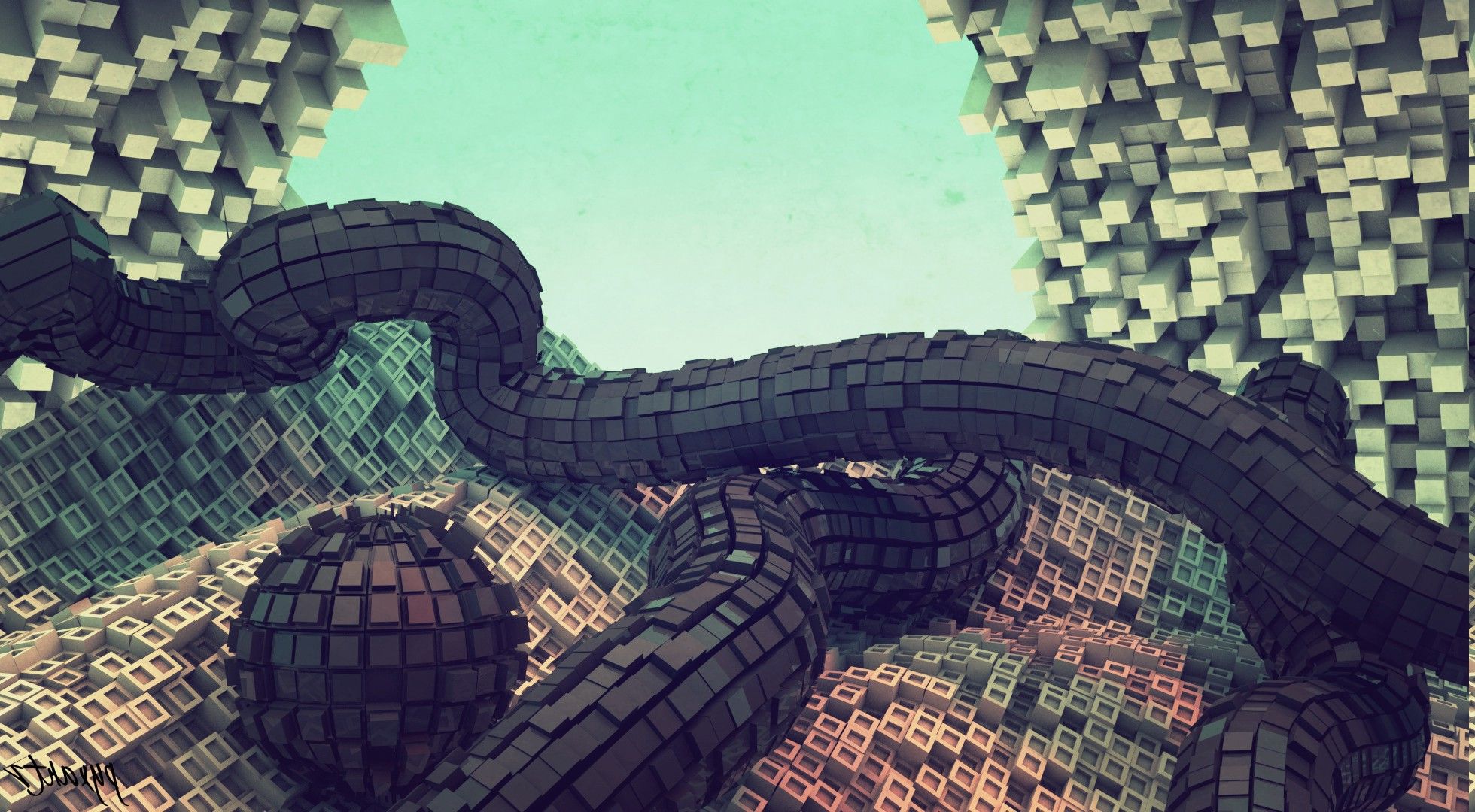 Wallpaper, digital art, abstract, 3D, building, artwork, CGI, cube, geometry, texture, metropolis, tree, landmark, screenshot, biome, 1960x1080 px, environmental art 1960x1080