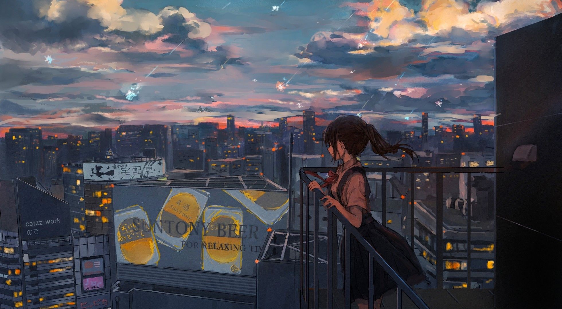 Download 1960x1080 Anime Girl, Sadness, Falling Stars, Cityscape, Scenic, Rooftop Wallpaper