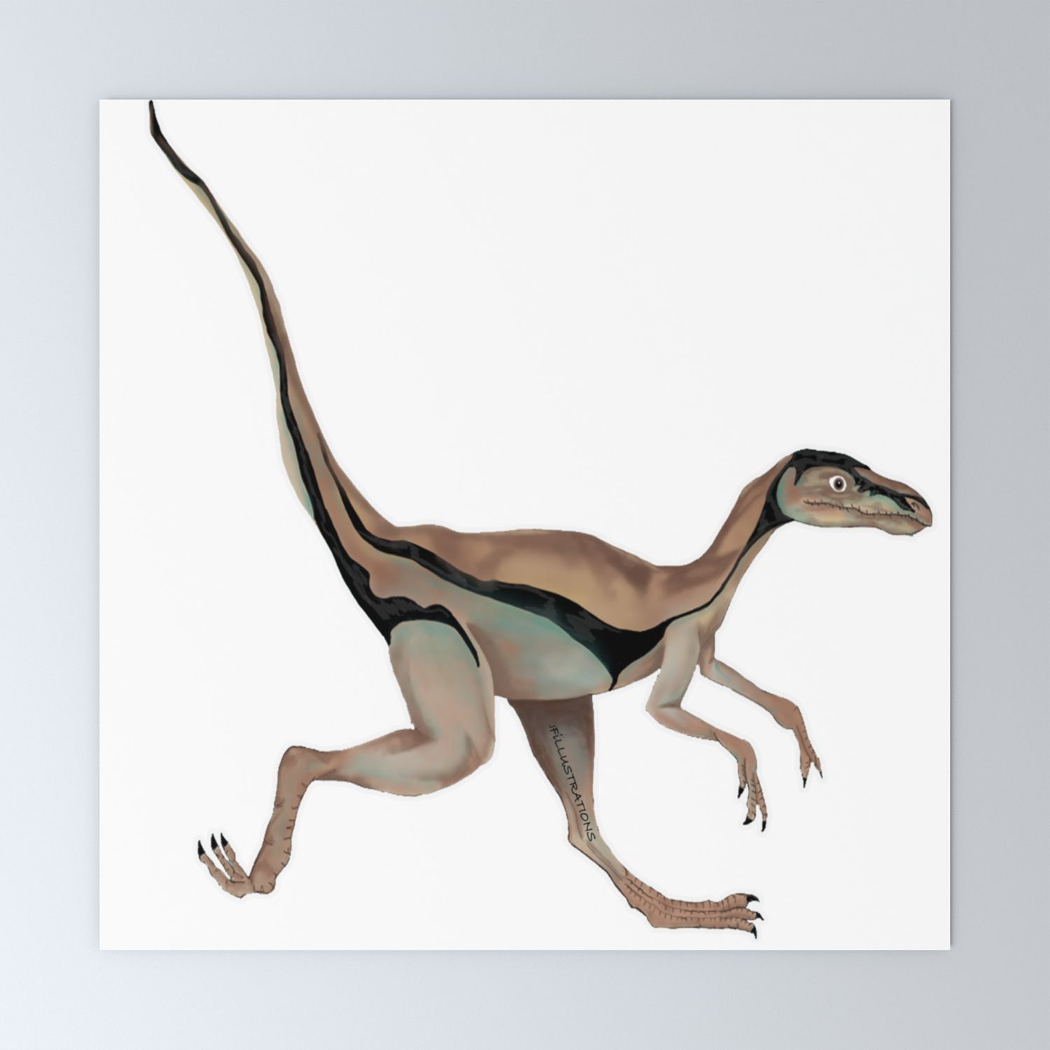 Running, brown compsognathus dinosaur Mini Art Print