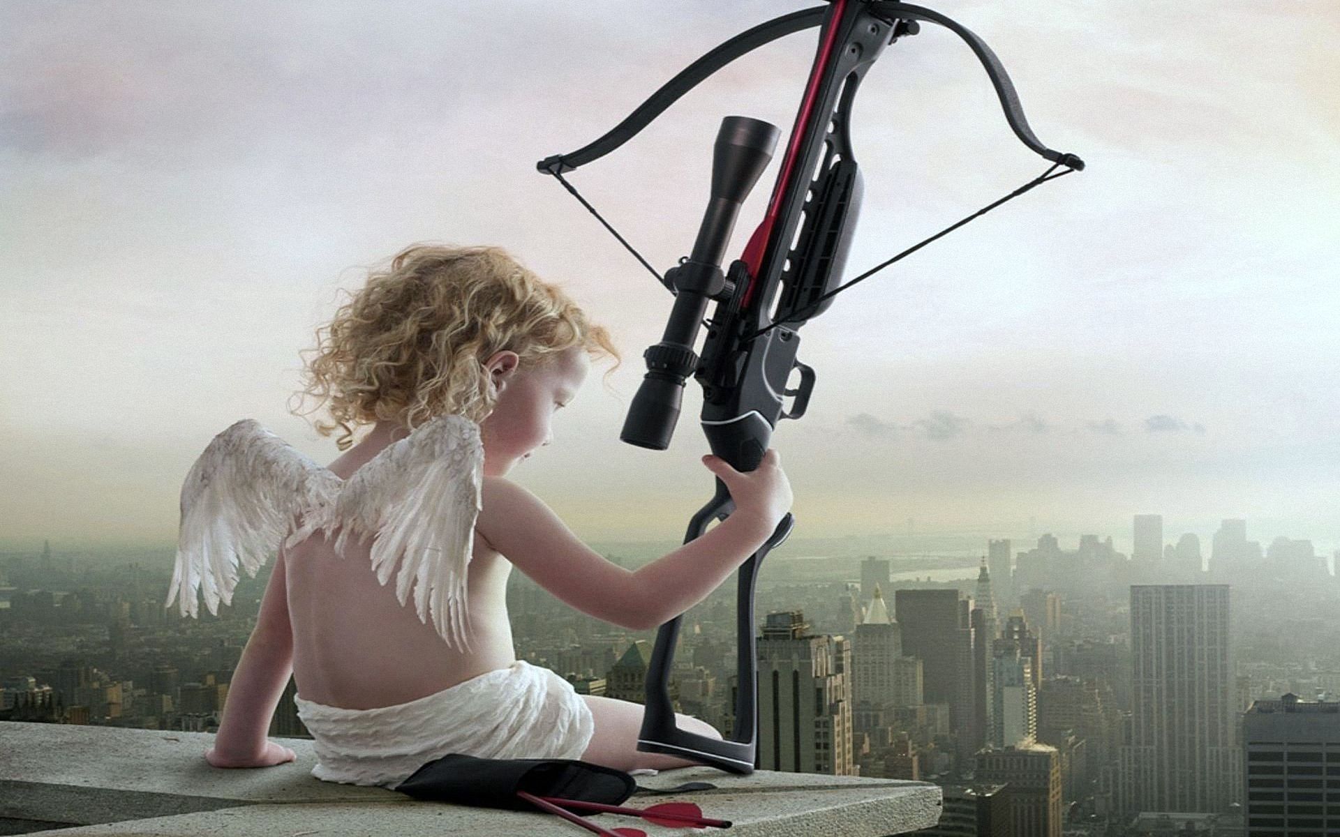 Download wallpaper crossbow, skyscraper, modern cupid, arrows for desktop with resolution 1920x1200. High Quality HD picture wallpaper