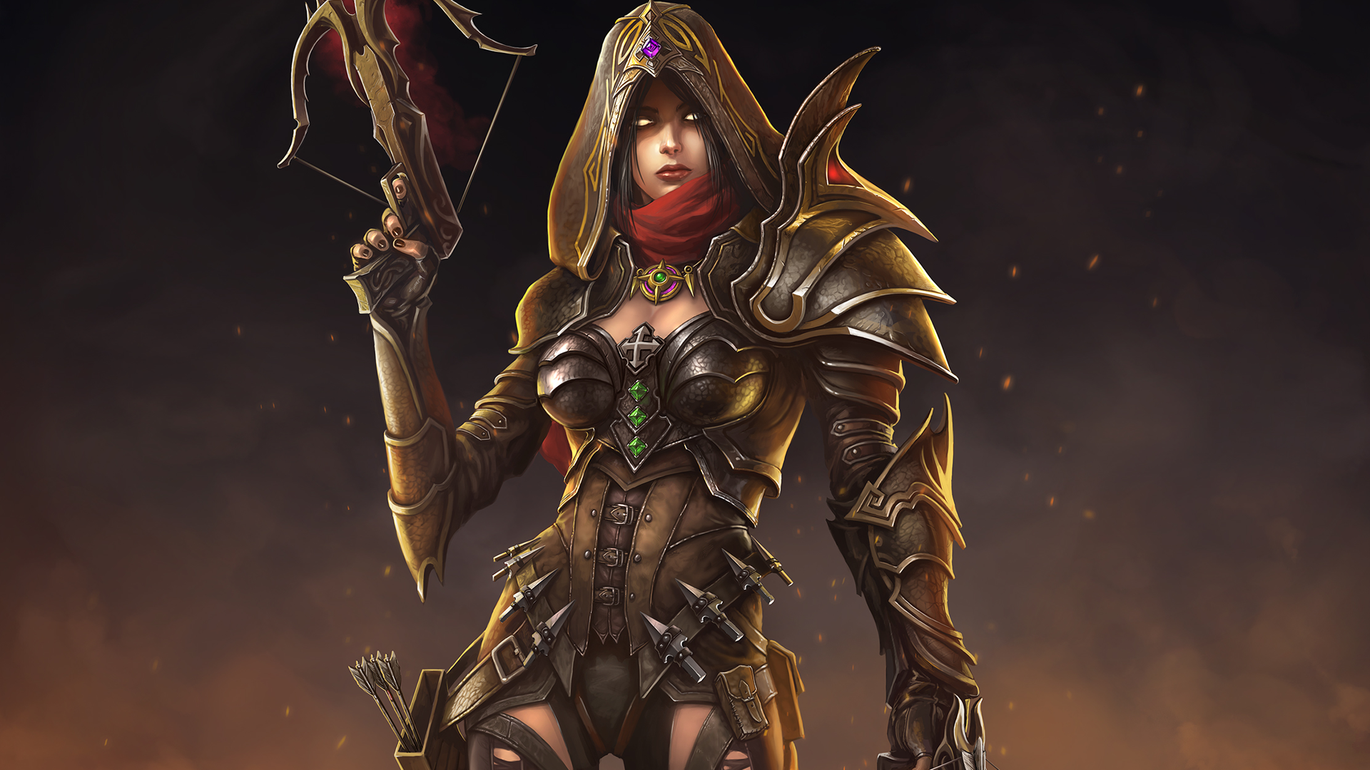 Download 1920x1080 Diablo Crossbow, Armor, Hoodie, Red Scarf, Necklace Wallpaper for Widescreen