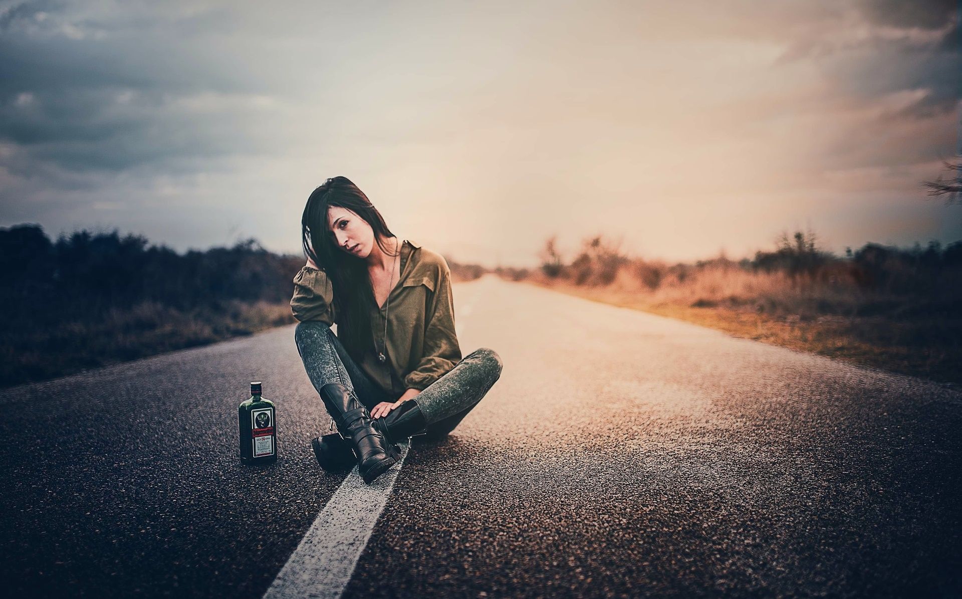 Jagermeister Alcohol Road Women Outdoors Sitting Women Sky Asphalt Wallpaper:1920x1195