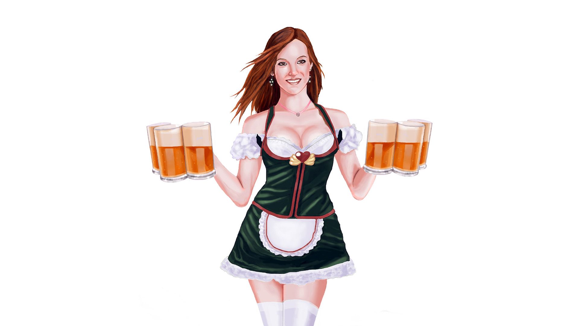 Wallpaper, women, cleavage, dress, artwork, beer, drinking glass, alcohol, simple background, smiling 1920x1080