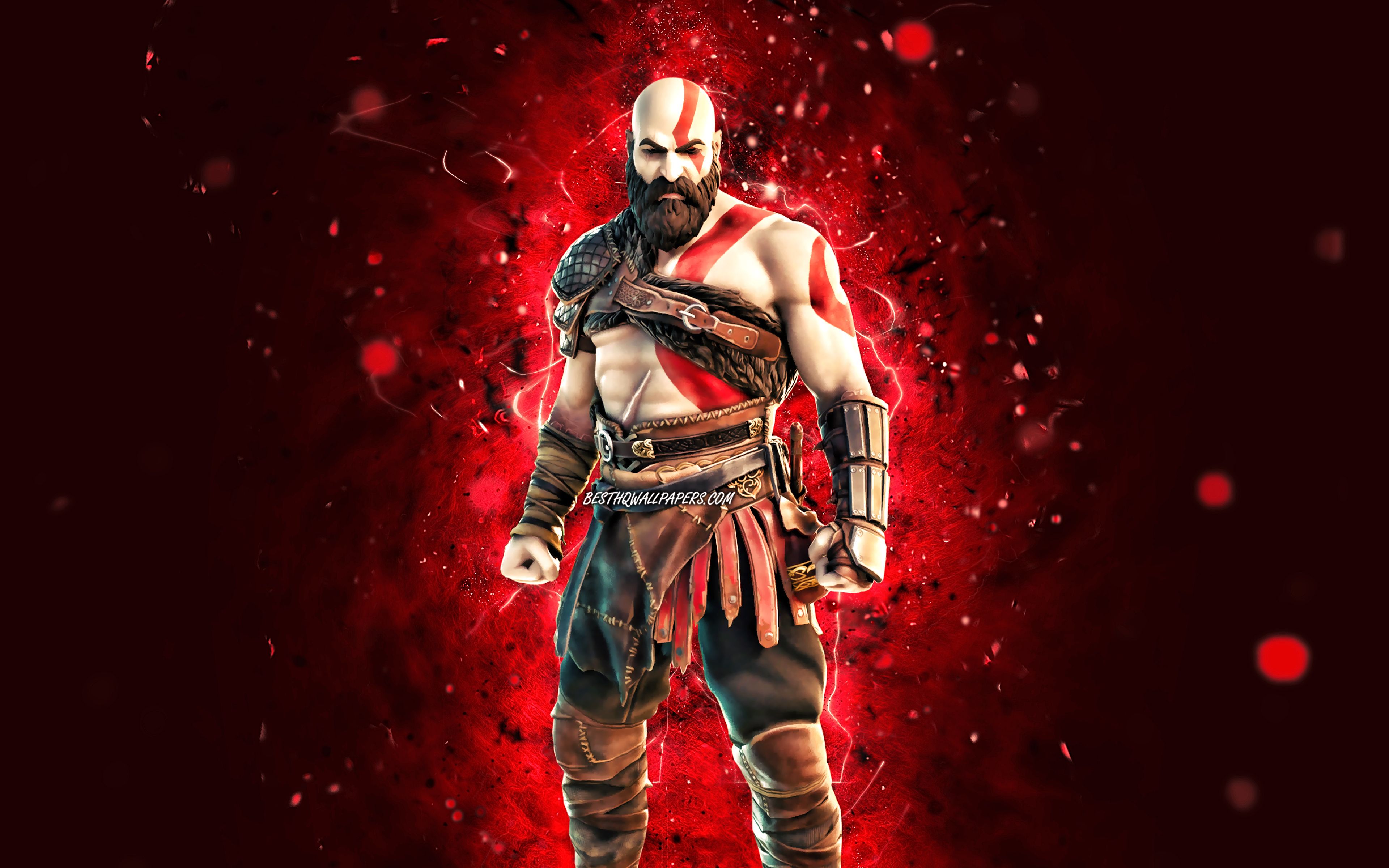 Download wallpaper Kratos, 4k, red neon lights, Fortnite Battle Royale, Fortnite characters, Kratos Skin, Fortnite, Kratos Fortnite for desktop with resolution 3840x2400. High Quality HD picture wallpaper