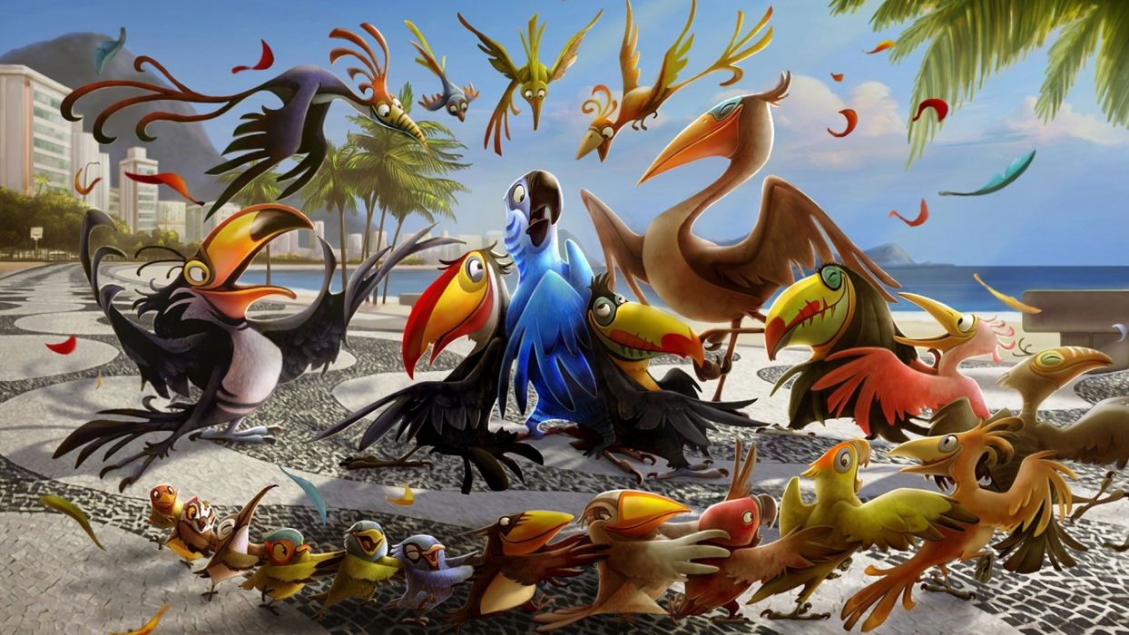Cartoon Rio sea dance joy mood beach bird wallpaperx1080