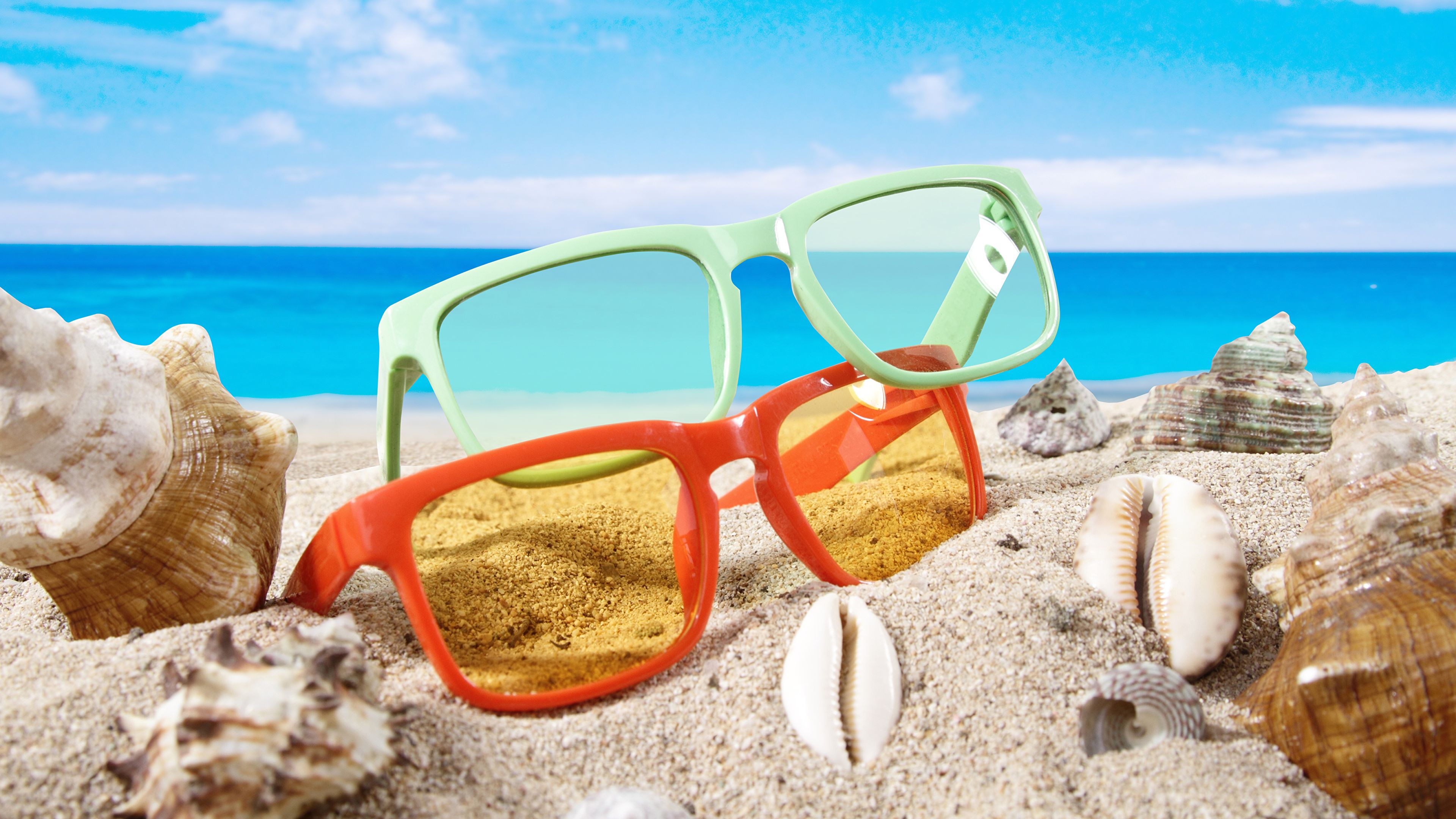 Desktop Wallpaper Summer Sand Shells Glasses 3840x2160