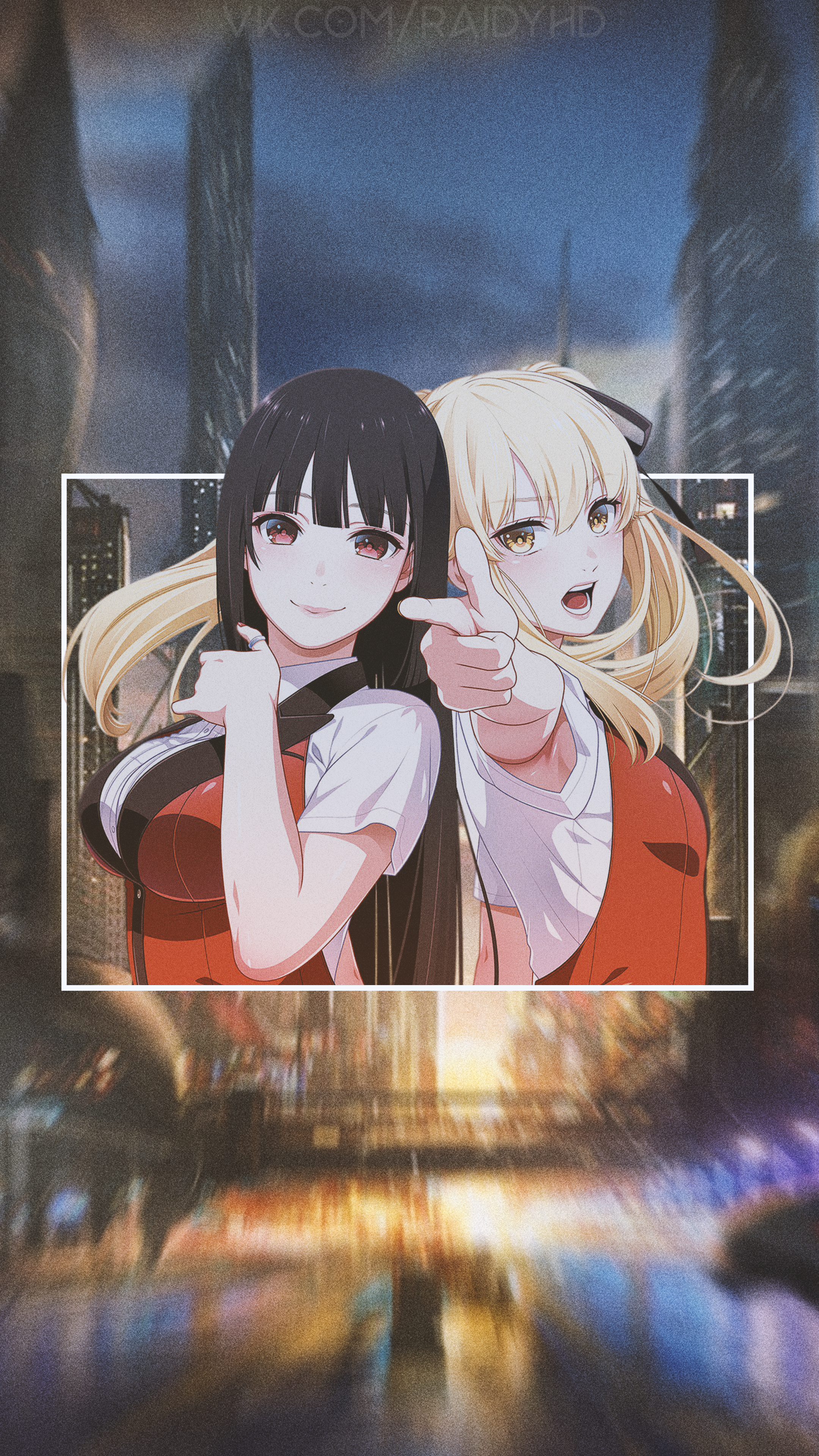 Wallpaper, anime girls, picture in picture, Saotome Meari, Jabami Yumeko, Kakegurui, dark hair, blonde, red eyes, long hair, big boobs 2160x3840