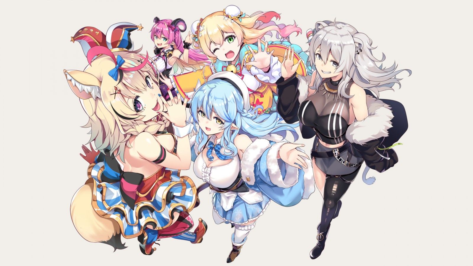 Wallpaper, Hololive, Shishiro Botan, Omaru Polka, Momosuzu Nene, Yukihana Lamy, Mano Aloe, anime girls, simple background 2560x1440