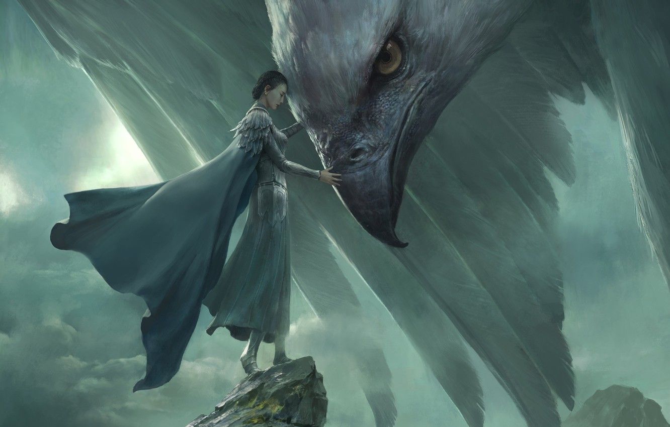 Wallpaper the sky, girl, rocks, sadness, woman, figure, fantasy, art, goodbye, melancholy, by Xiaodi Jin, giant eagle, L.O.R.D., Legend of Ravaging Dynasties image for desktop, section фильмы