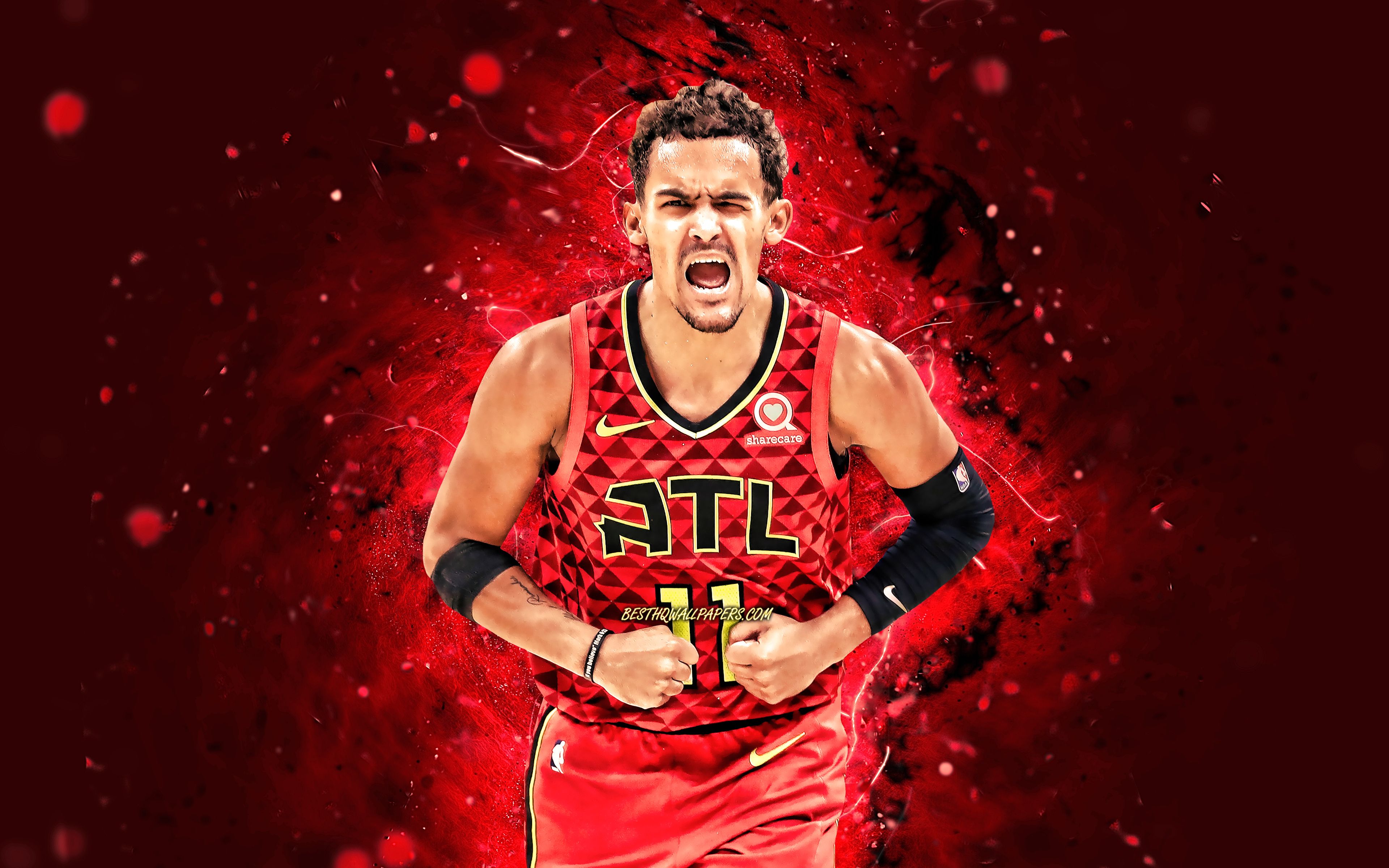 Download wallpaper Trae Young, 4k, Atlanta Hawks, NBA, basketball, red neon lights, Rayford Trae Young, USA, Trae Young Atlanta Hawks, Trae Young 4K for desktop with resolution 3840x2400. High Quality HD