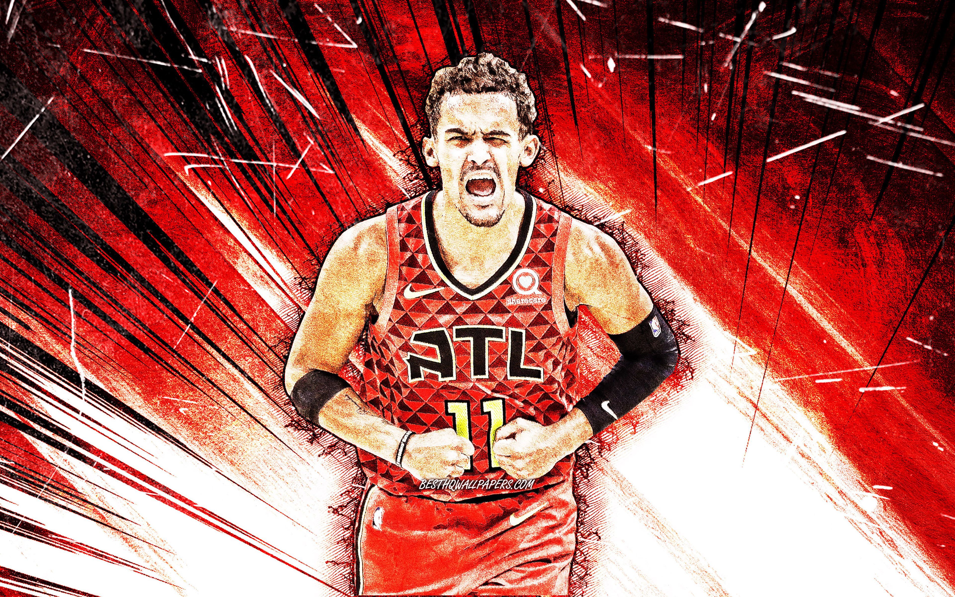 Download wallpaper 4k, Trae Young, grunge art, Atlanta Hawks, NBA, basketball, red abstract rays, Rayford Trae Young, Trae Young Atlanta Hawks, Trae Young 4K for desktop with resolution 3840x2400. High Quality HD