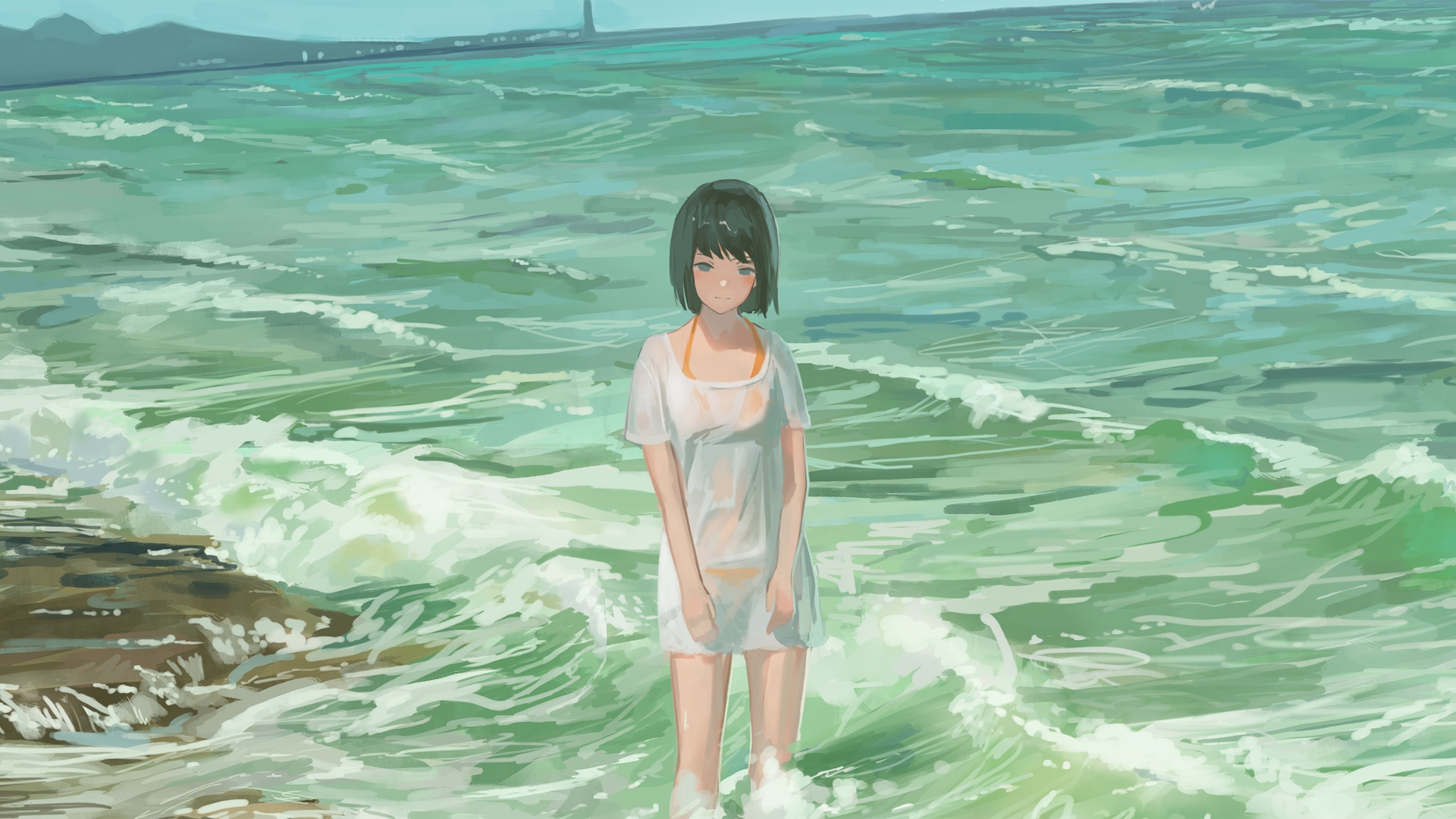 Wallpaper, manga, anime girls, sea, beach, summer, short hair 1920x1080