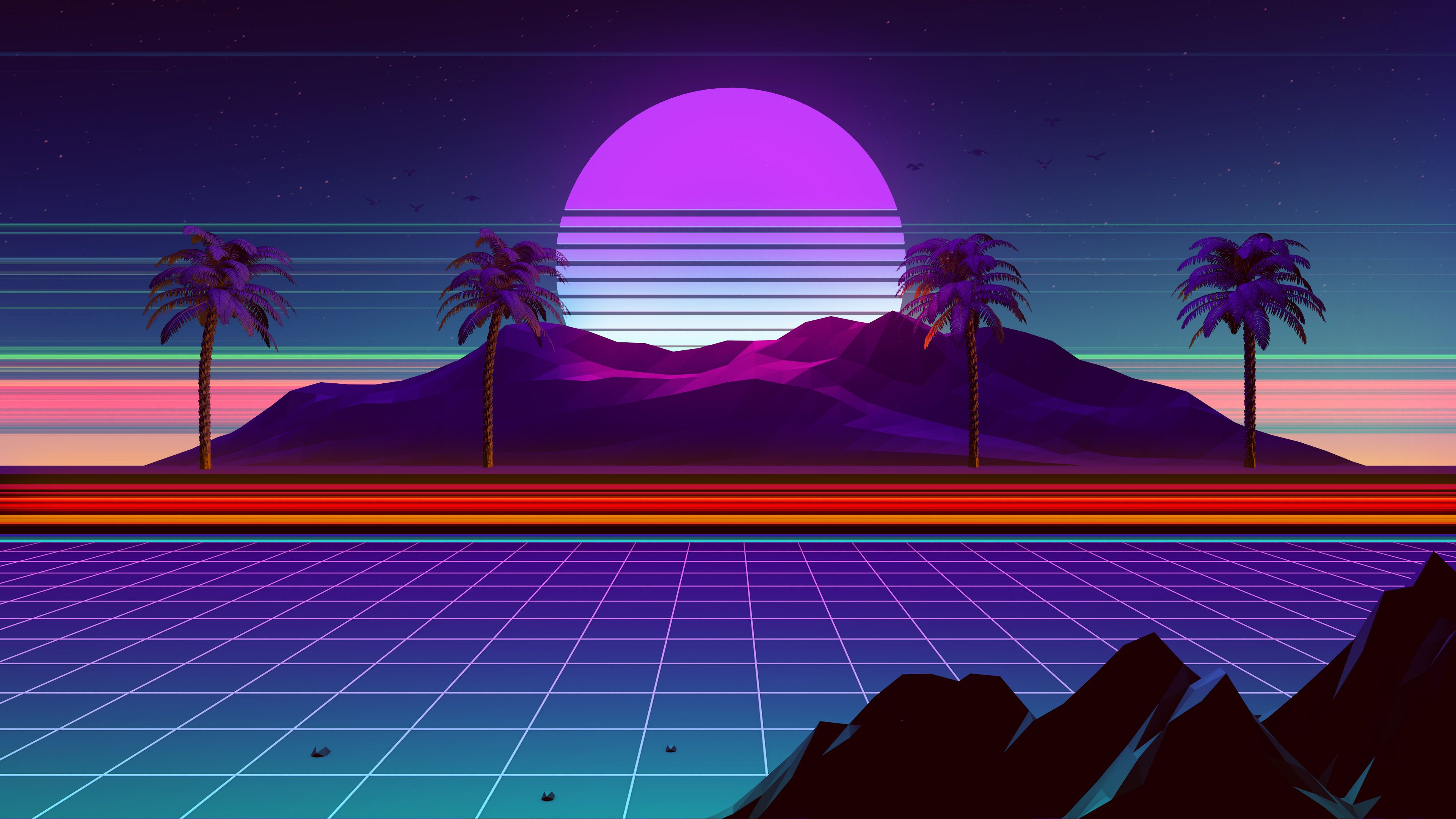 Digital Digital Art Artwork Illustration Landscape Nature Trees Palm Trees Lines Neon Lights Neon Li Wallpaper:3840x2160