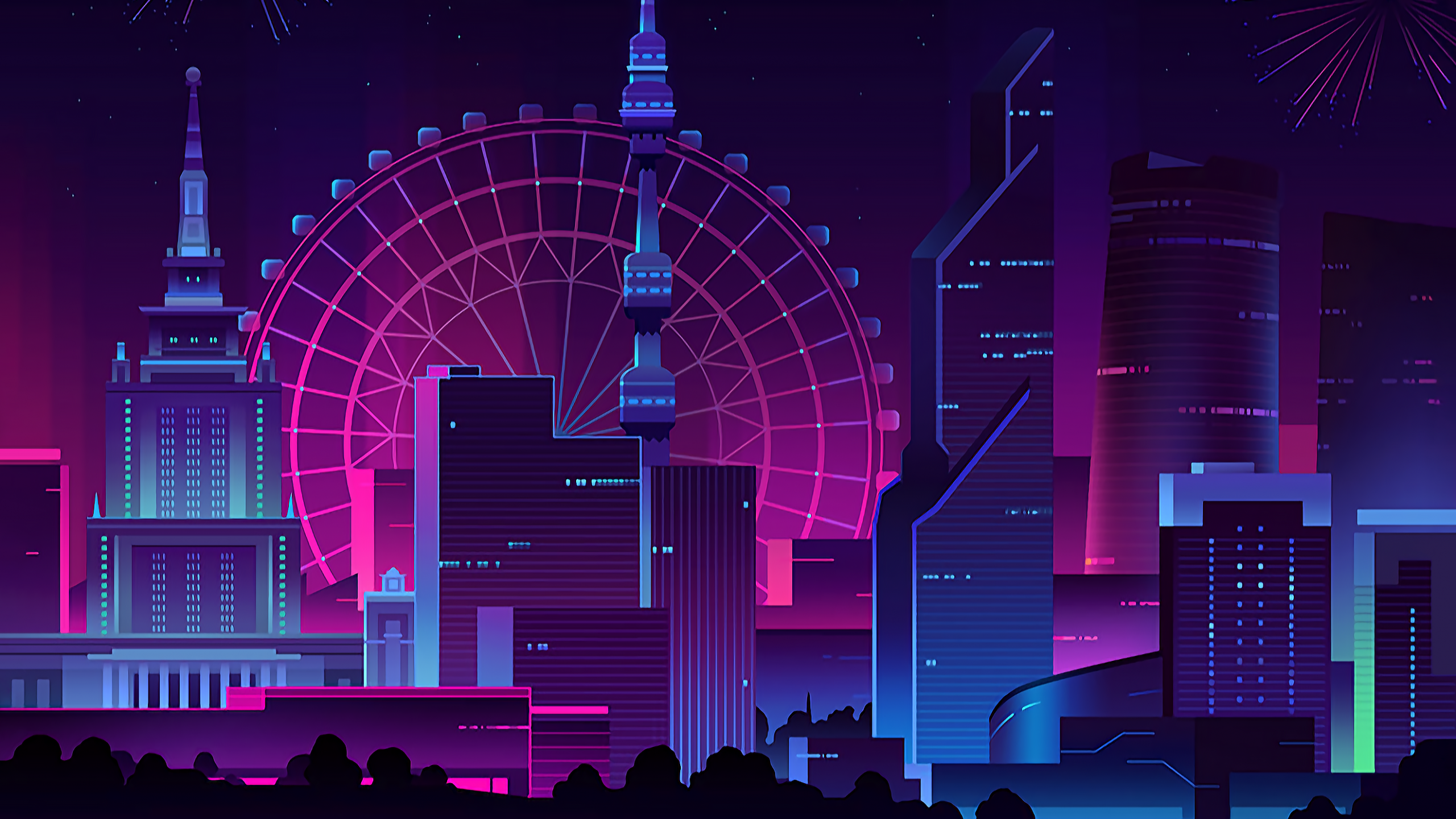 Free download Download 2560x1440 Minimal Neon City Fireworks Wallpaper for [2560x1440] for your Desktop, Mobile & Tablet. Explore Neon City Wallpaper. Neon City Wallpaper, Neon Background, Neon Wallpaper