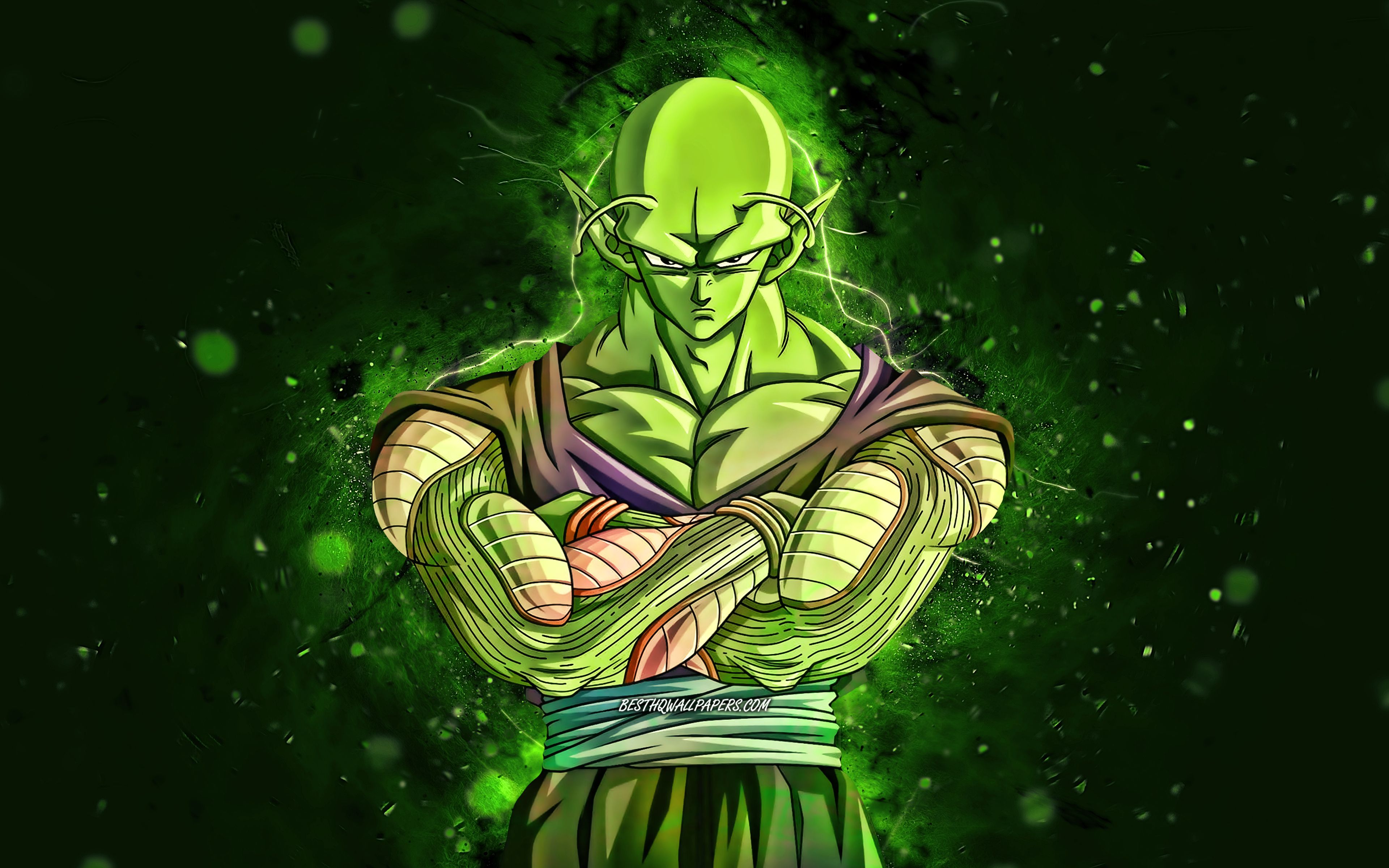 Download wallpaper Piccolo, 4k, green neon lights, Dragon Ball, warrior, Dragon Ball Super, DBS, Piccolo DBS, DBS characters for desktop with resolution 3840x2400. High Quality HD picture wallpaper