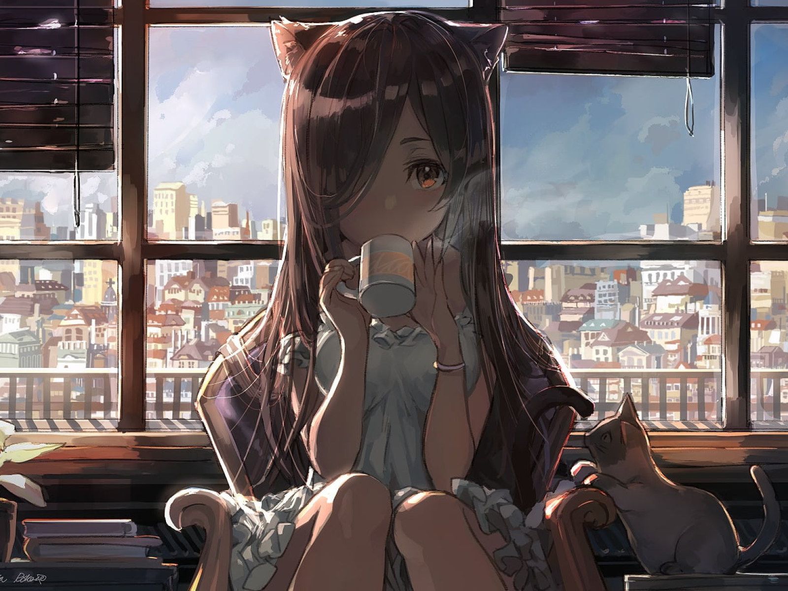 Brown Haired Girl Drinking Coffee Animated Character Wallpaper • Wallpaper For You
