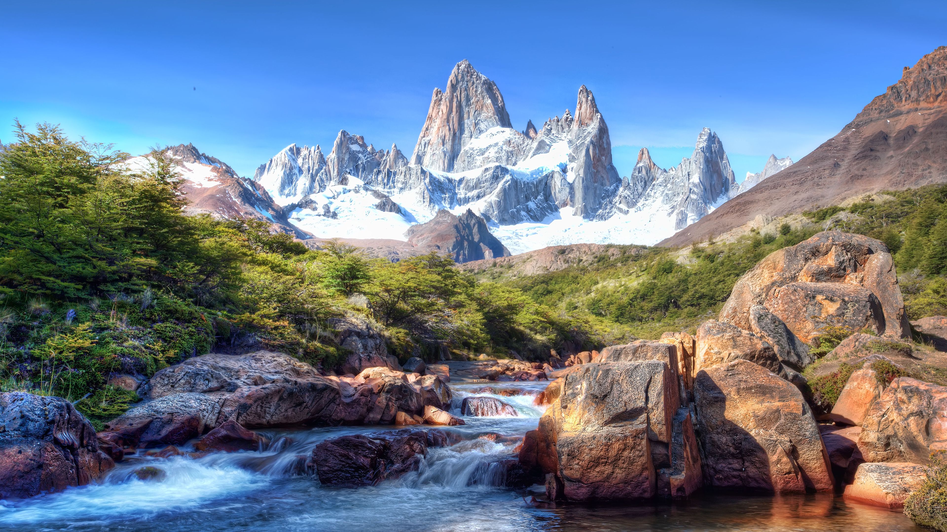 Fitz Roy, Patagonia, Glacier mountains, Snow covered, Argentina, Pictureque, River Stream, 4k Free deskk wallpaper, Ultra HD
