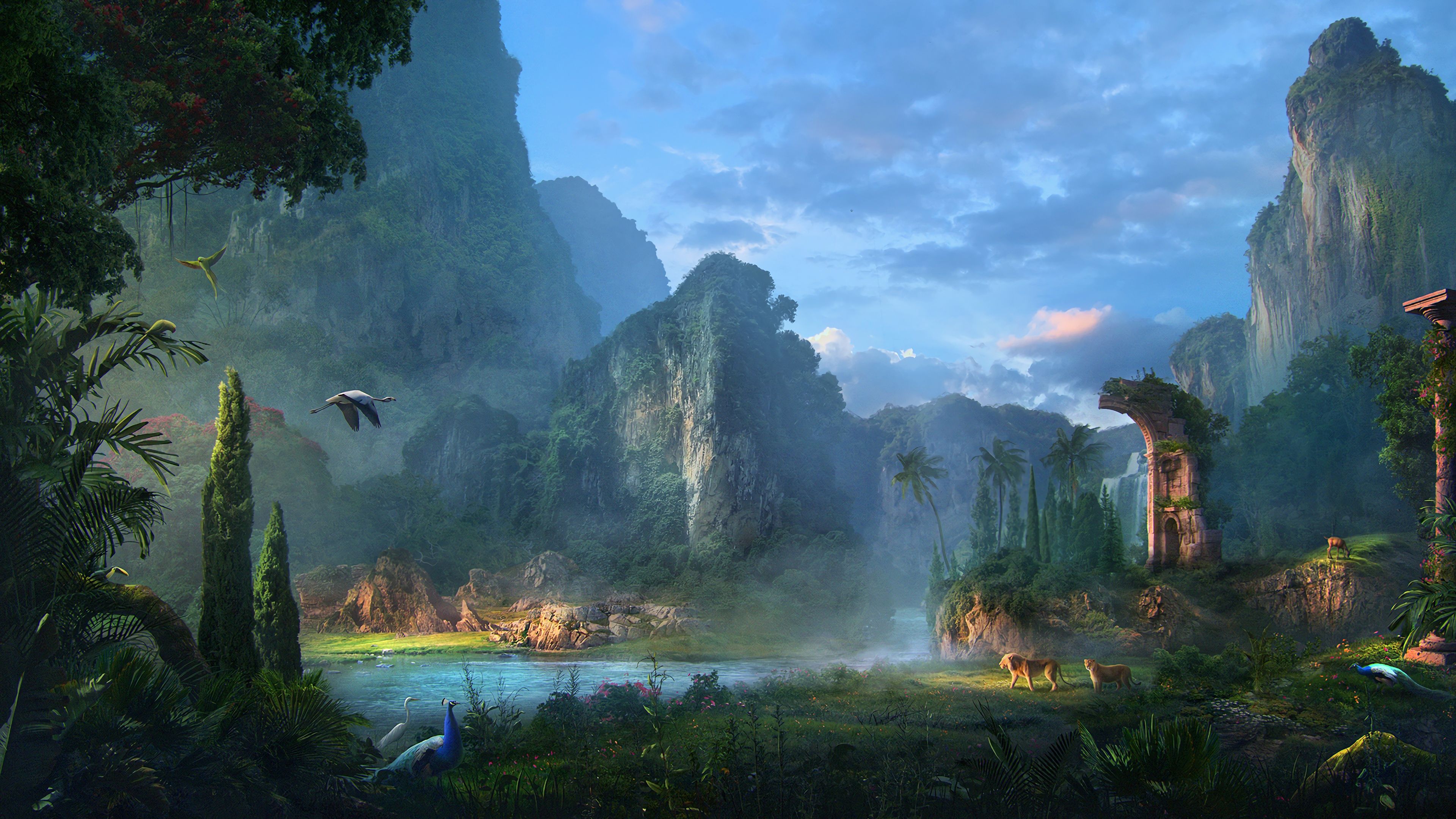 Nature Scenery Valley Mountains River Landscape 4K