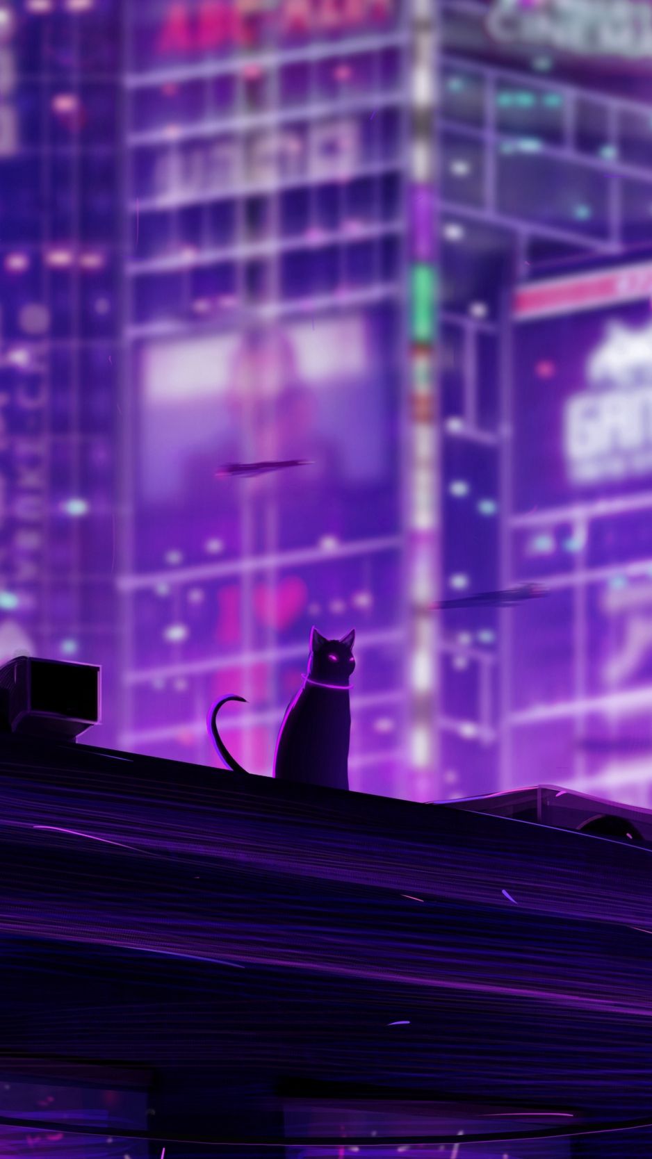 Wallpaper Cat, Roof, City, Future, Neon, Backlight City Wallpaper 4k