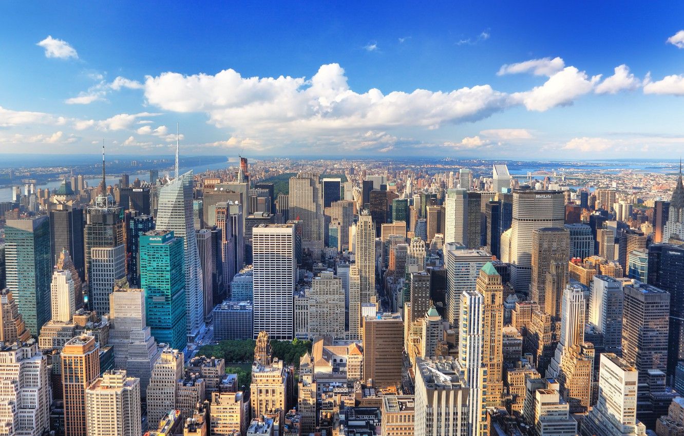 Wallpaper summer, the city, building, New York, blur, Manhattan, New York, Manhattan, skyscrapers, bokeh, clear day, view, travel, wallpaper., my planet, sky clouds image for desktop, section город