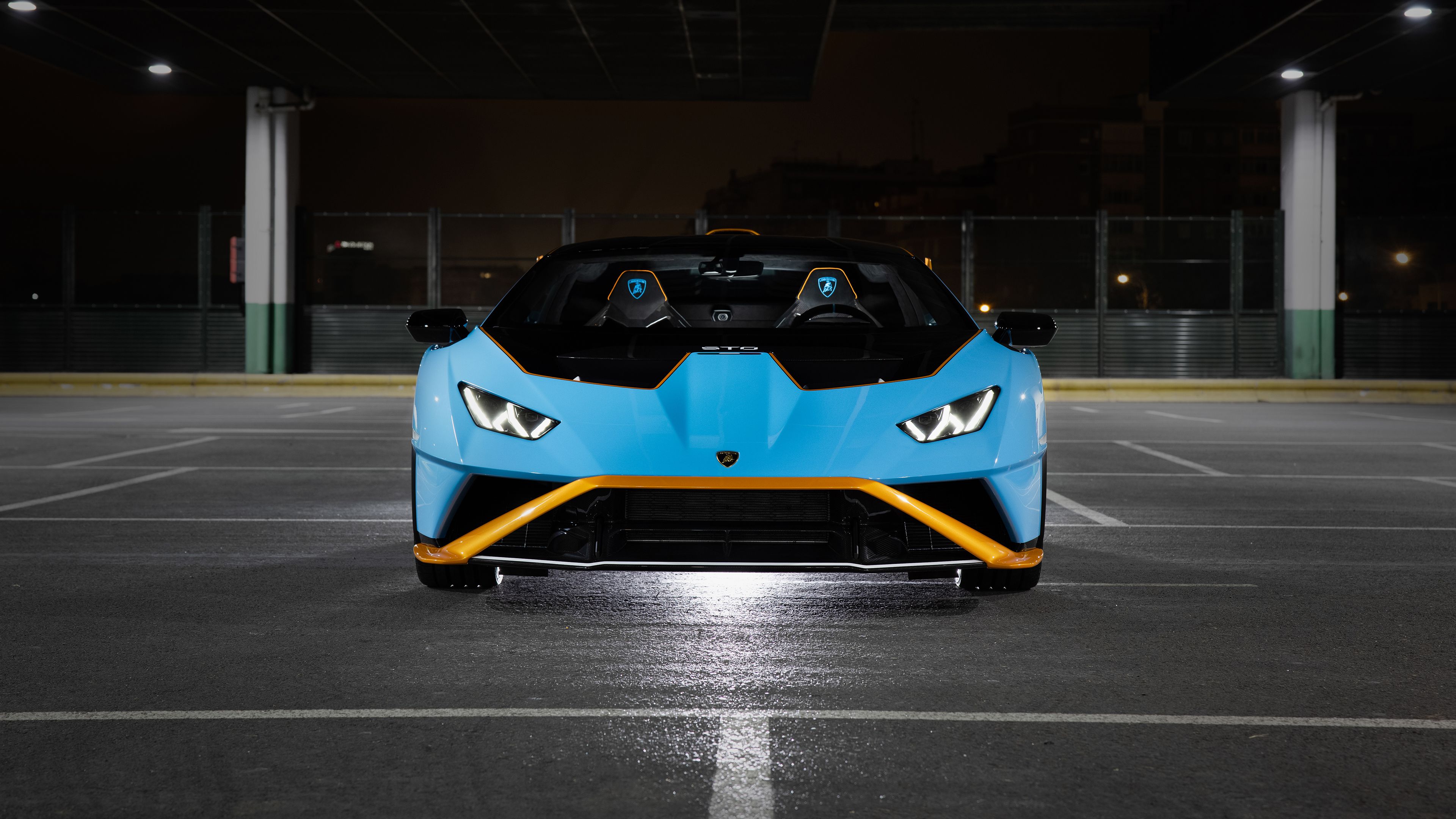 Wallpaper, Lamborghini Huracan STO, Lamborghini Huracan, vehicle, sports car, blue cars, night, parking lot, Headlights, supercars, Italian Supercars 3840x2160