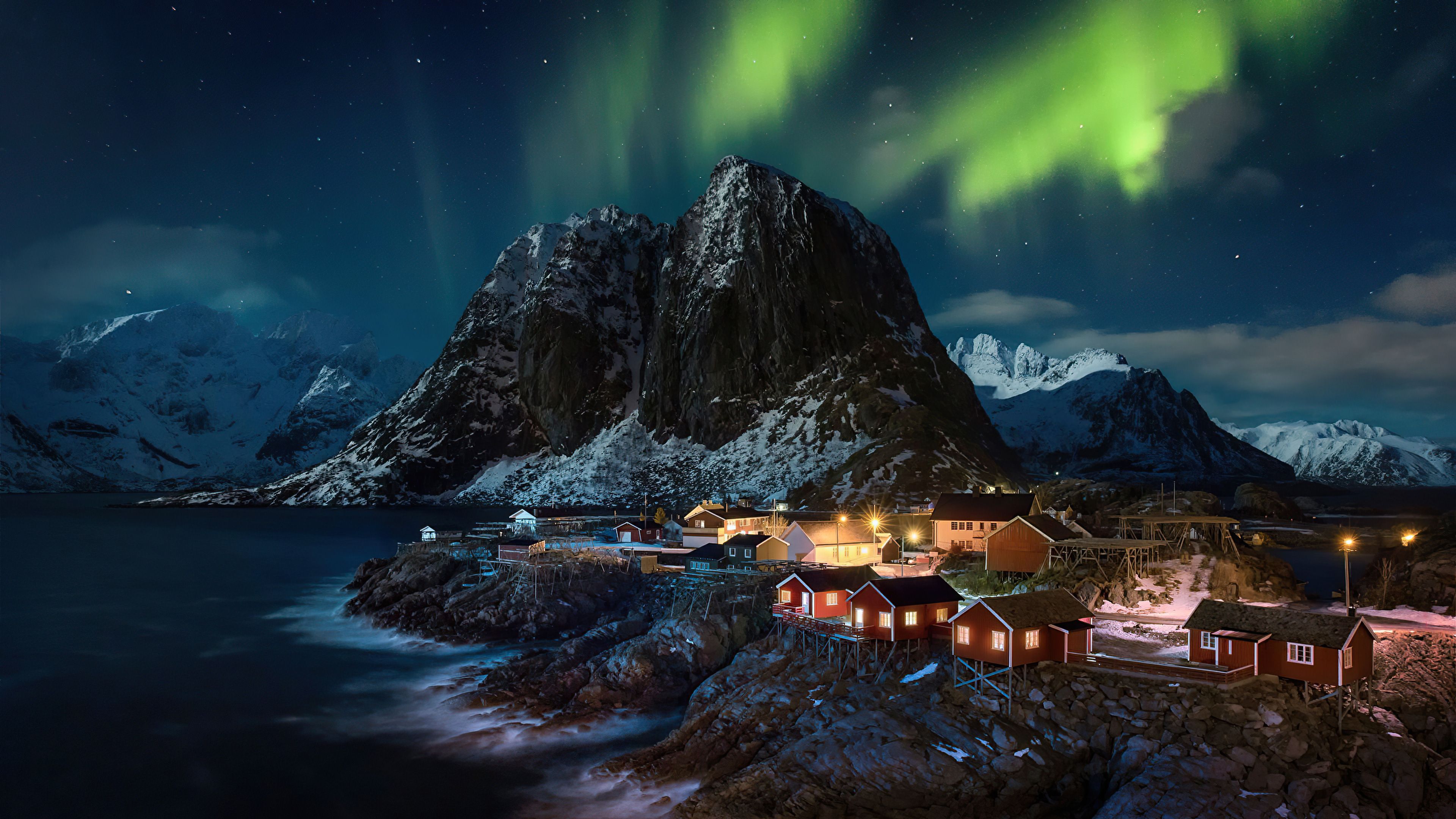 Lofoten Norway Village Aurora Northern Lights 4k, HD Nature, 4k Wallpaper, Image, Background, Photo and Picture