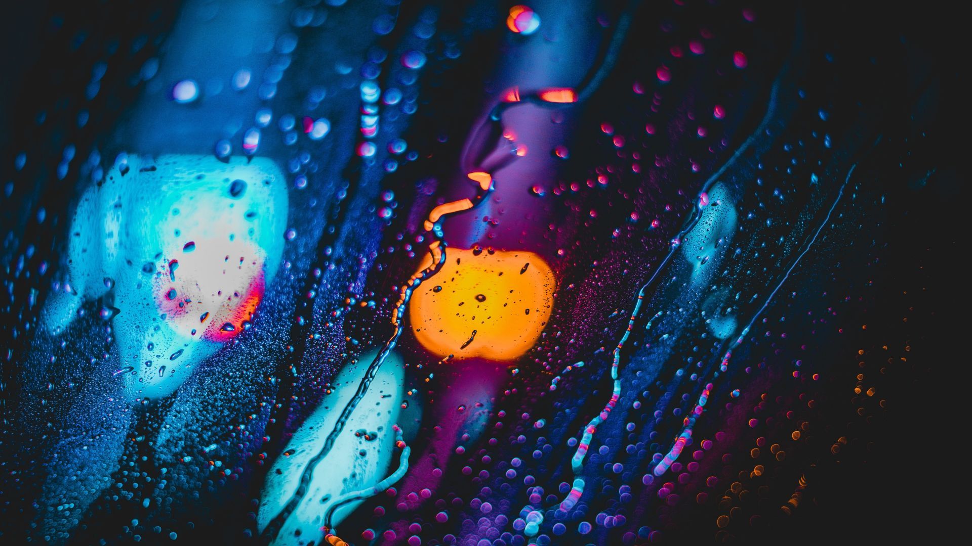 Drops, glass surface, blur, neon wallpaper, HD image, picture, background, bf88c5